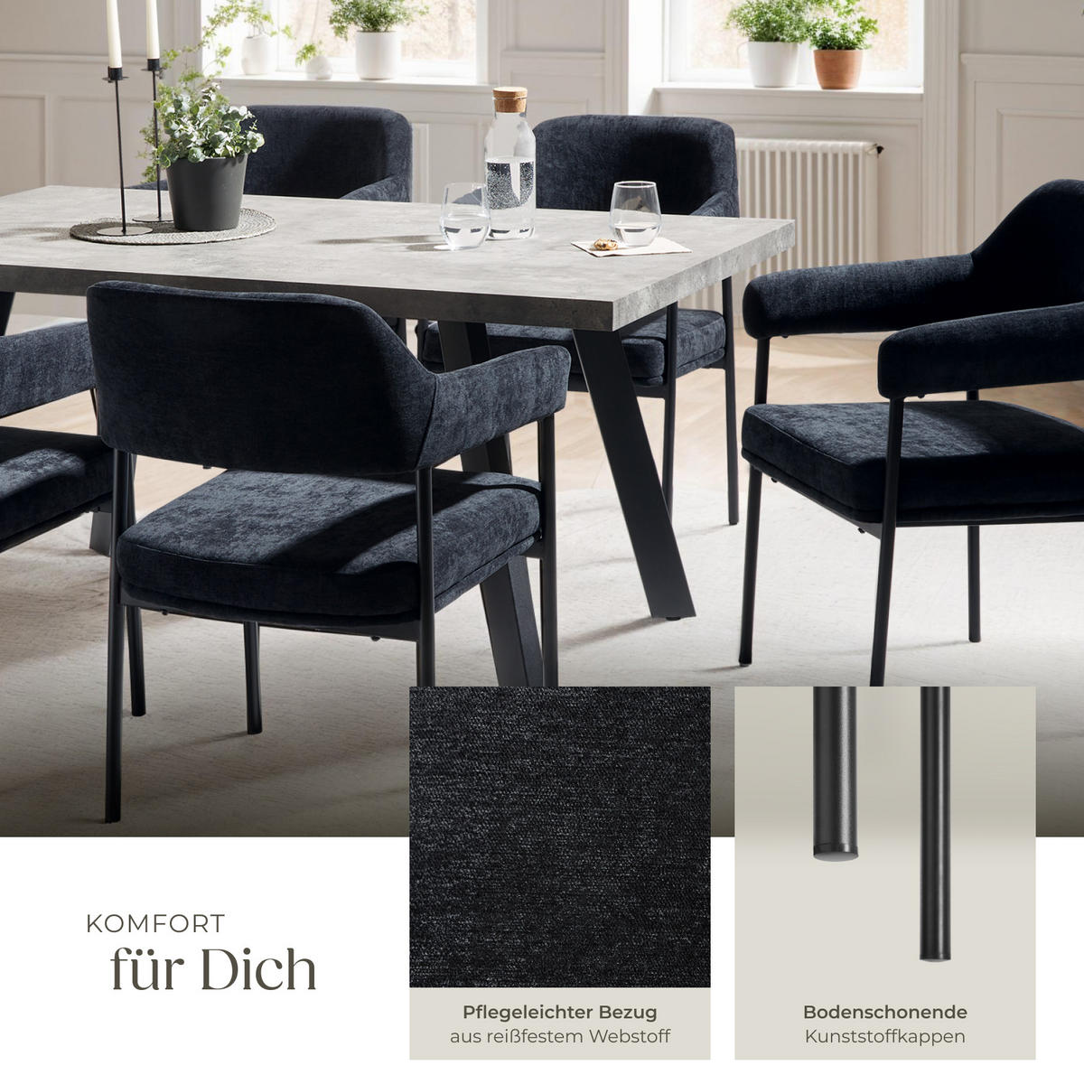 ARMLEHNSTUHL 6er Set Doé 58 x 62 x 85 cm Webstoff schwarz/schwarz - Schwarz, Textil (58/85/62cm) - tectake