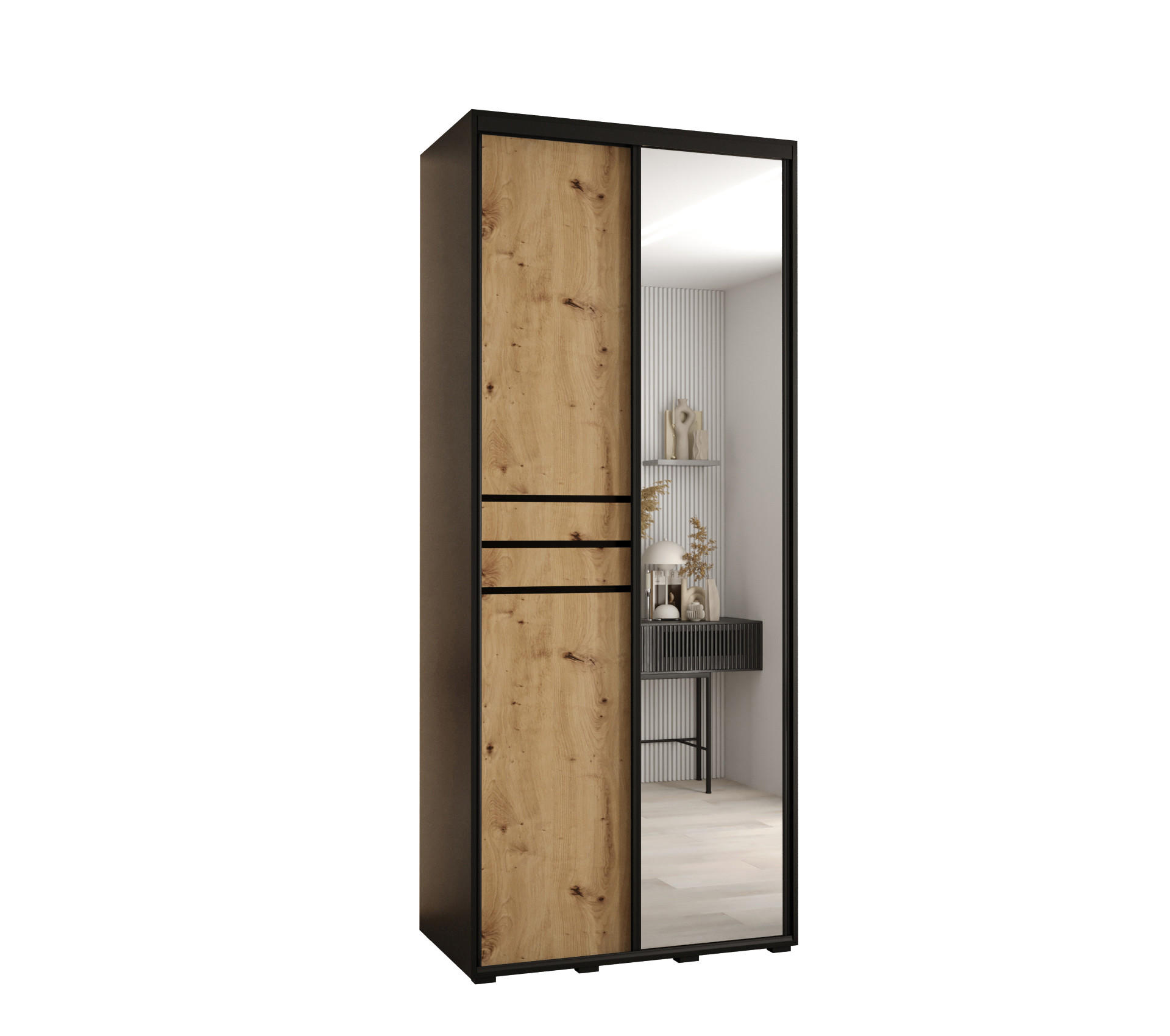 Abiks Möbel Schwebetürenschrank Schwarz, Eiche Artisan, Schwarz 100x235x60 cm