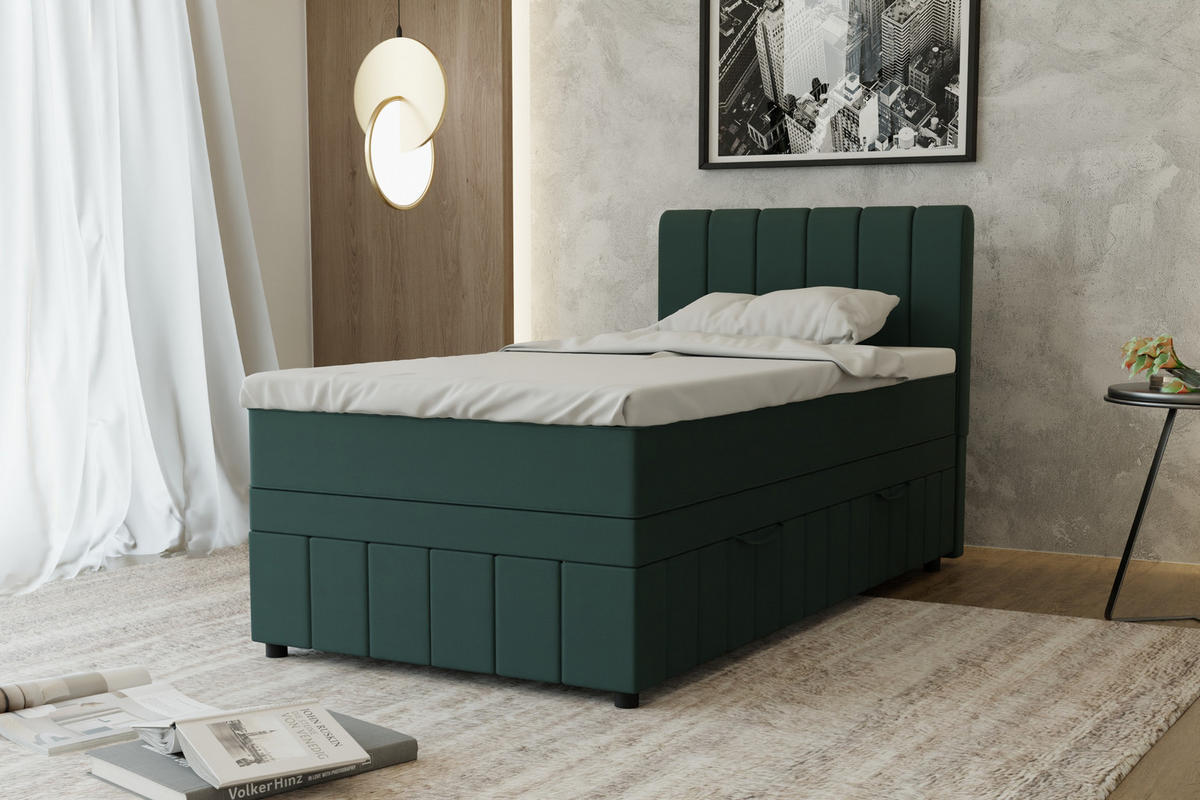 BOXBETT AVALON 100 x 200 cm mit Bettkasten und Topper - Dunkelgrün - Dunkelgrün, Holz - Panda Möbel