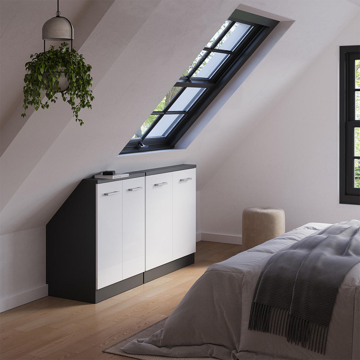 DACHSCHRÄGENSCHRANK-SET Rion Weiß Hochglanz/Anthrazit 2er Set - Weiß Hochglanz/Anthrazit, Holzwerkstoff (140/81.6/46cm) - Vicco