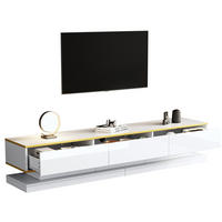 TV-LOWBOARD aus Spanplatte 200x40x40 cm Warmweiß mit Goldrand, Hochglanz, 3 Schubladen und offenen Fächern - Weiß, Holzwerkstoff (200/40/40cm) - Modfu
