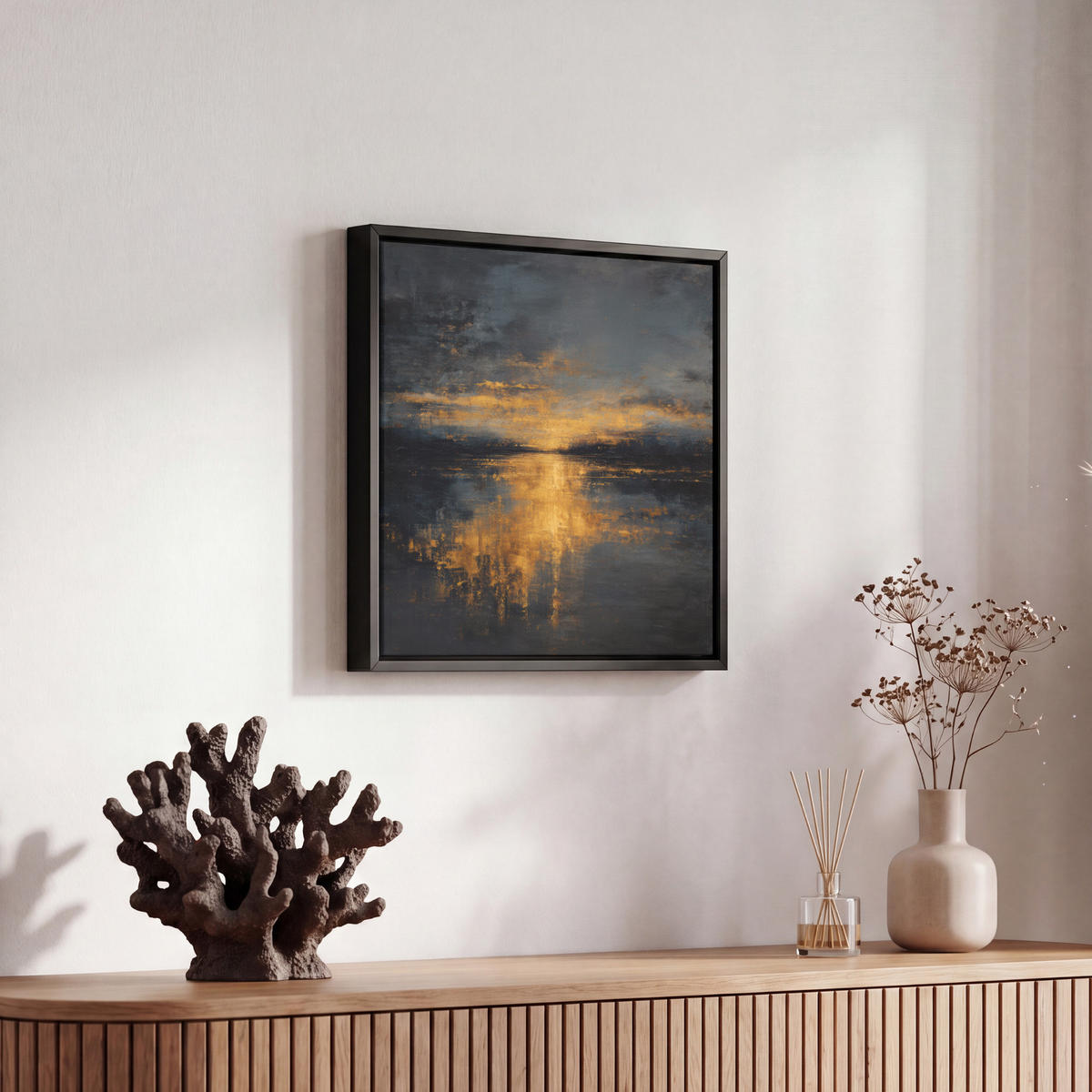 LEINWAND Bilder mit Rahmen - Goldene Reflexion auf dem Wasser - 20x20 - Anthrazit, Textil (20/20cm) - MuchoWow
