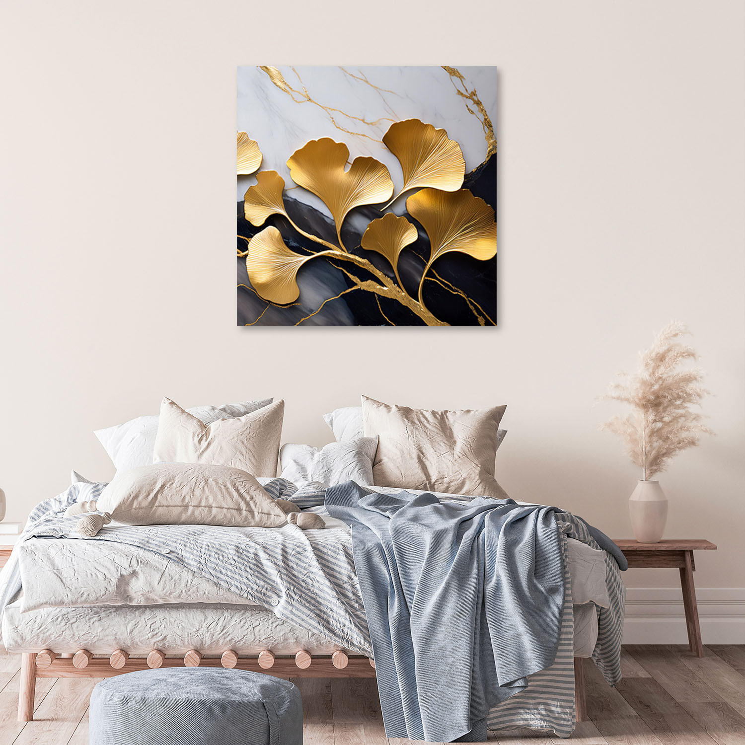 LEINWANDBILD Ginko Blumen Botanik Marmor Grau Gold 50x50cm - Goldfarben, Textil (50/50cm) - Feeby