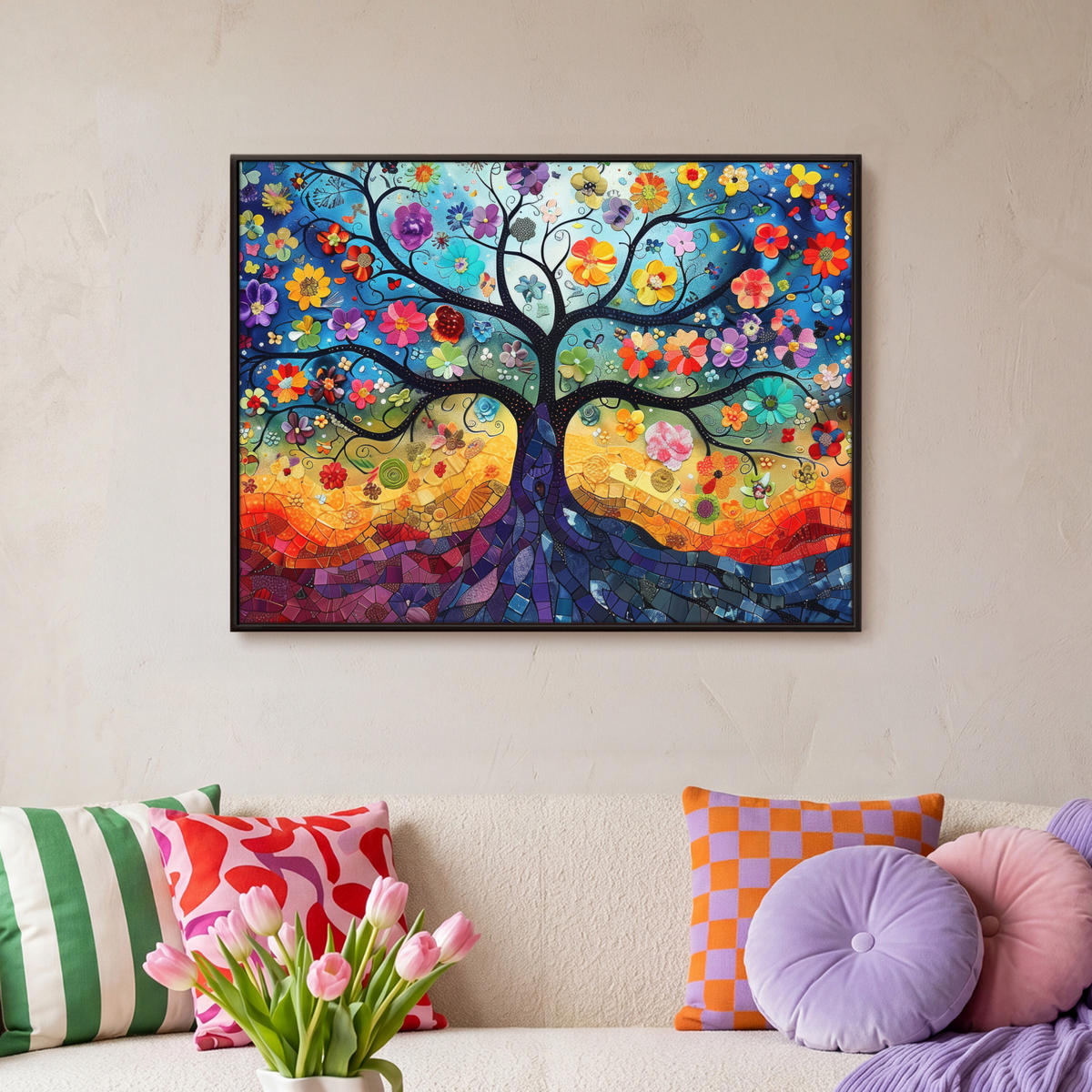 LEINWAND Bilder mit Rahmen - Kunst - Baum des Lebens - Blumen - Hippie - 70x50 - Dunkelblau, Textil (70/50cm) - MuchoWow