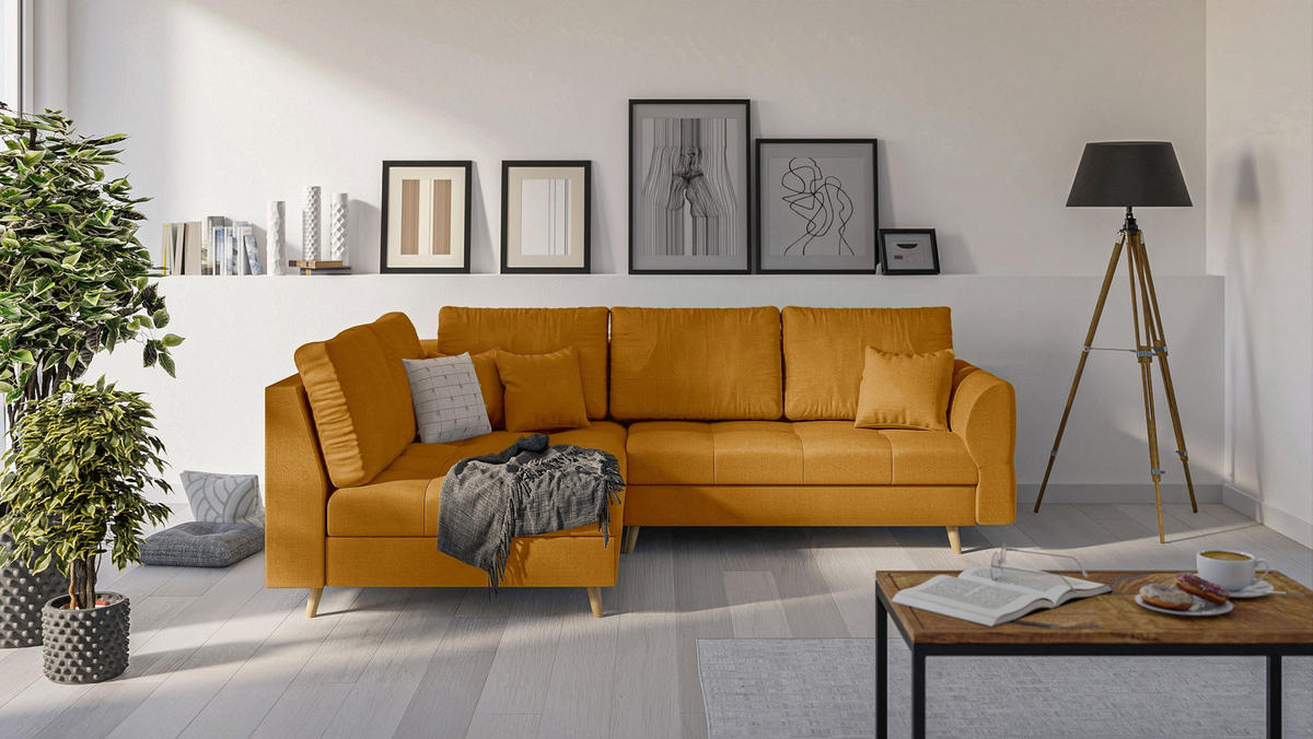 ECKSOFA MIT HOCKER Lorine Mikrofaser Gelb - Hellbraun/Gelb, Buchenholz/Textil (231/161cm) - S-Style Möbel