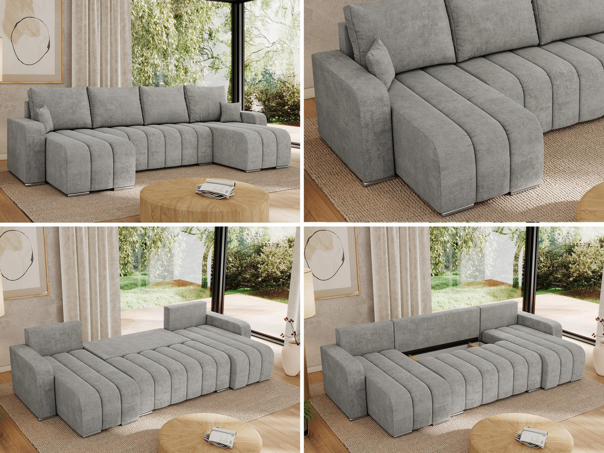 WOHNLANDSCHAFT KIRASSO U Hellgrau Struktur - Hellgrau/Grau, Textil/Metall (320/86/147cm) - MKS