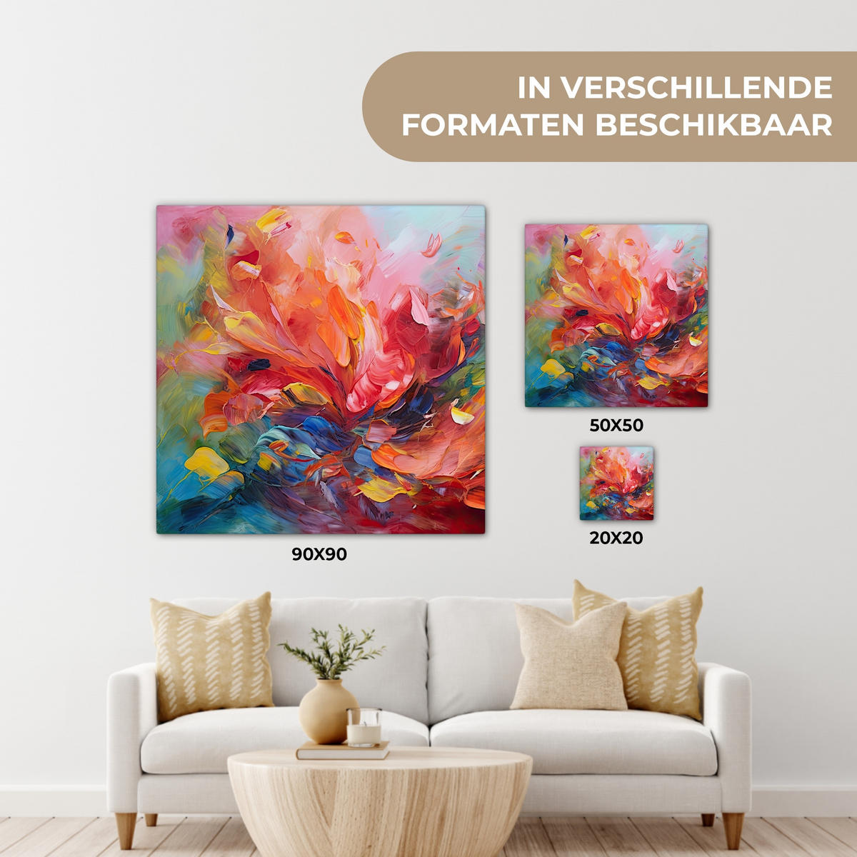 LEINWANDBILD Ölgemälde - Kunst - Abstrakt - Farbenfroh 90x90 cm - Altrosa, Textil (90/90cm) - MuchoWow