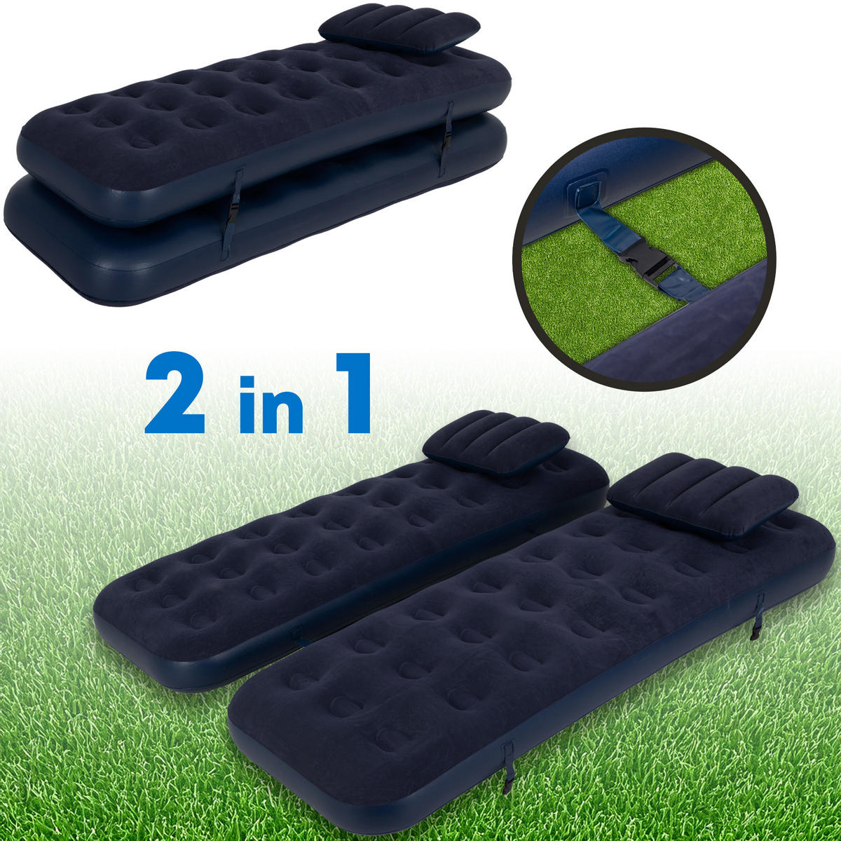 LUFTBETT Luftmatratze Camping 2x 191x73x22cm blau 2 Kissen aufblasbar ohne Pumpe - Blau, Kunststoff (73/191cm) - Avenli