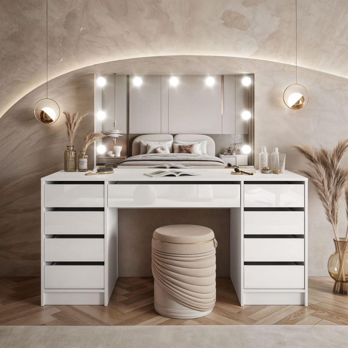 SCHMINKTISCH MADA DOUBLE ELITE mit Spiegel und Beleuchtung, Weiß hochglanz - Weiß, Holzwerkstoff (157/75/55cm) - Lookway