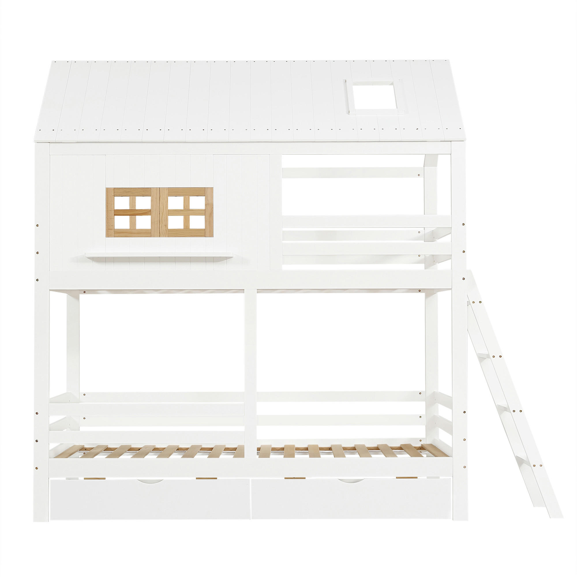 ETAGENBETT Modell Fenster Dach Weiß Natur - Naturfarben, Holz (90/200cm) - ComfortXL