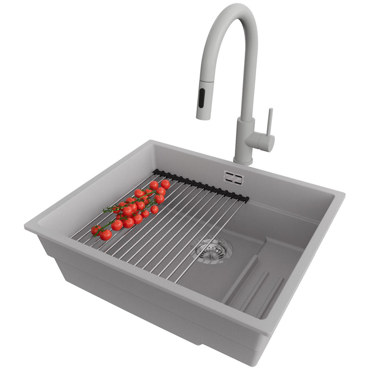 UNTERBAUSPÜLE GRANIT Praga, 2-er set Grau 56/47 cm 1 Becken + Küchenarmatur 40/20 cm + Ablauf-Set + Aufrollbare Abtropffläche ab 60er Unterschrank - Chromfarben/Grau, Kunststoff (56/20/47cm) - Primagran