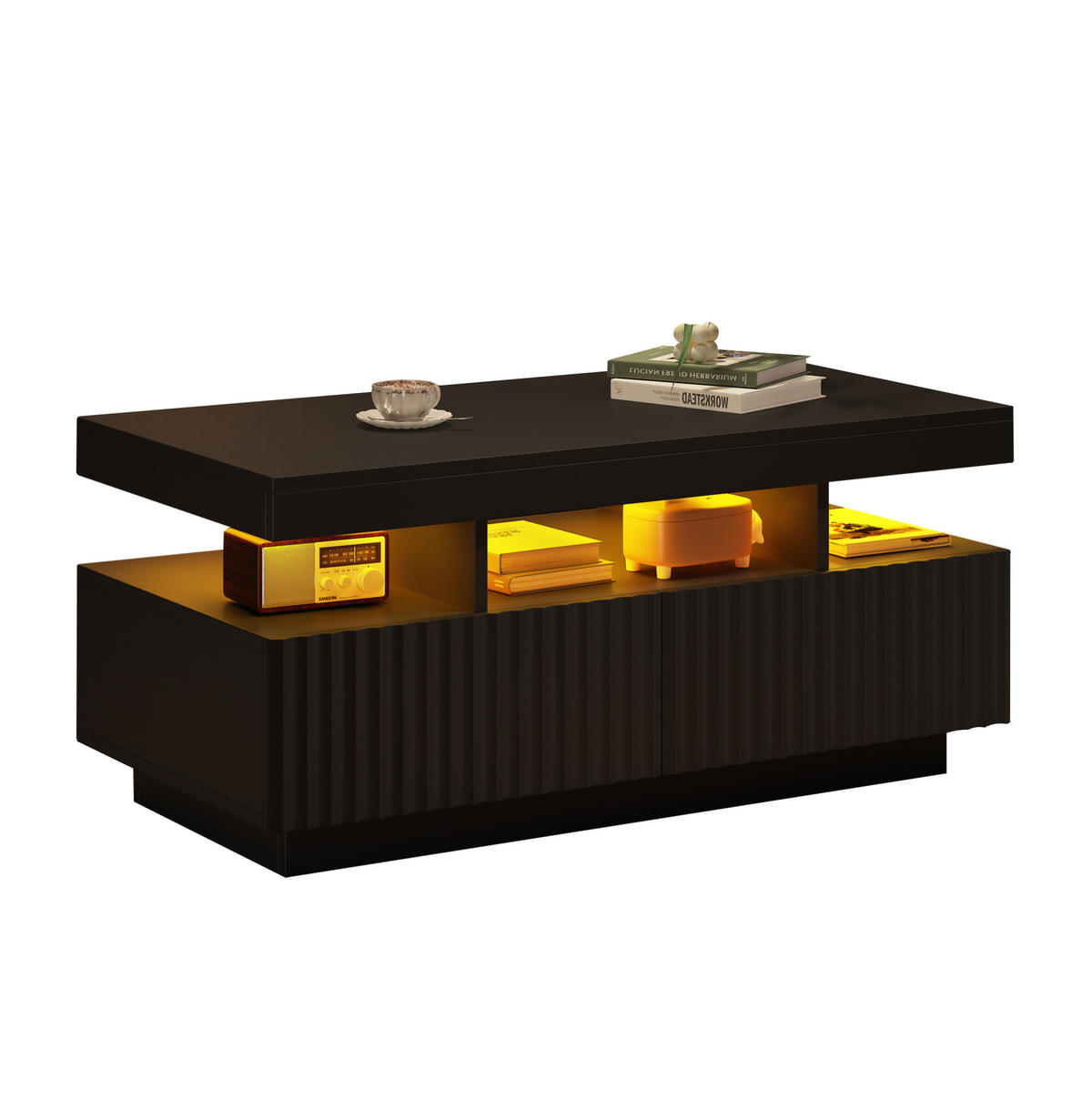 COUCHTISCH 100/50/45 cm in Schwarz mit 2 Schubladen und LED-Beleuchtung - Schwarz, Holzwerkstoff (100/50/45cm) - Flora Grace