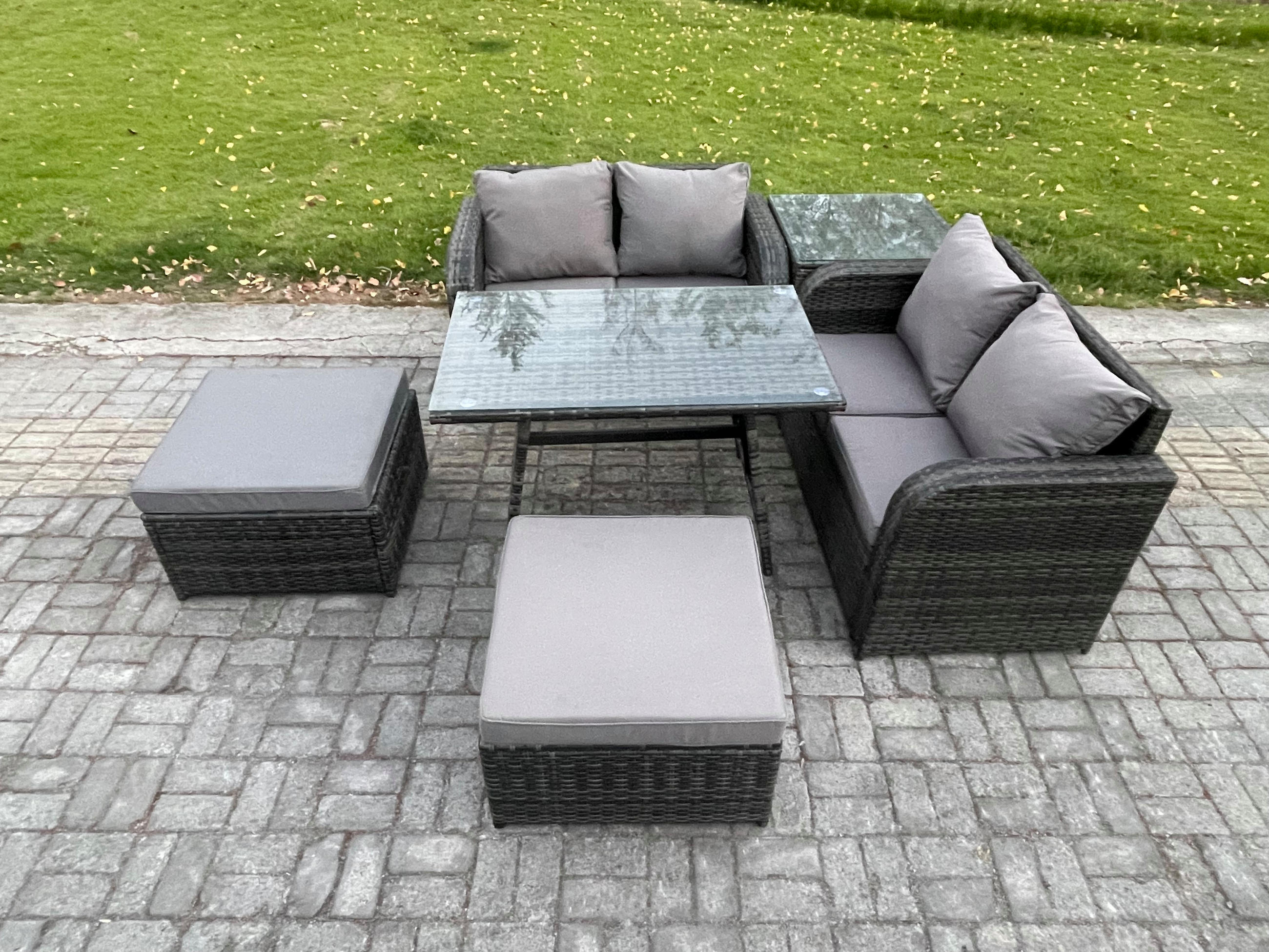 GARTENMÖBELSET mit ESSTISCH,SOFA Polyrattan 6-Sitzer - Dunkelgrau/Grau, Glas/Kunststoff - Fimous