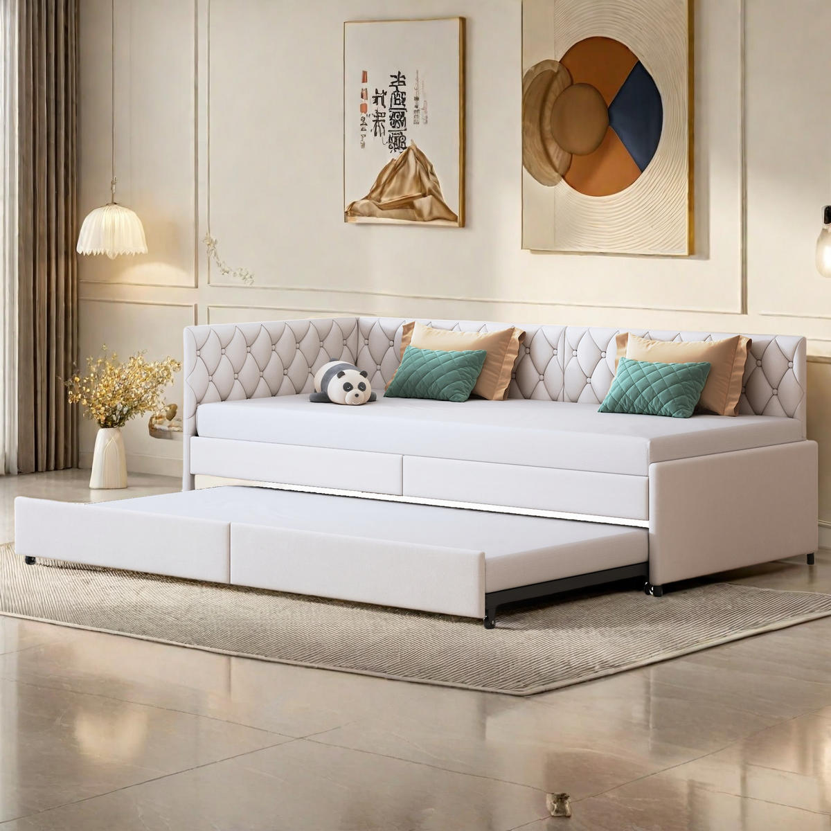 SCHLAFSOFA 90x200 cm, Ausziehbares Polsterbett, multifunktional, Beige - Beige, Holz (96.5/70/205cm)