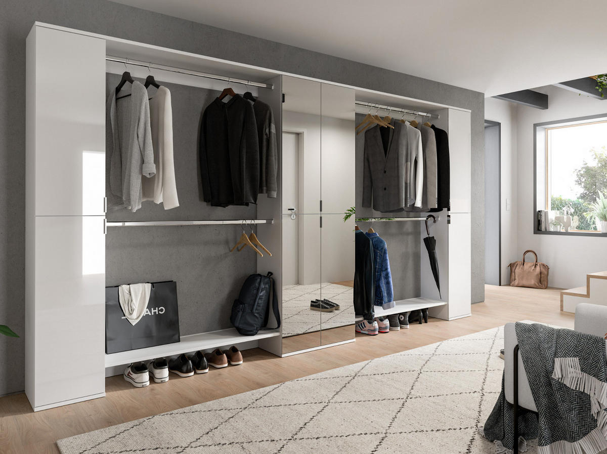 GARDEROBENSCHRANK weiß Hochglanz 232 cm, Schuhschrank XXL, mit Spiegeltüren - Chromfarben/Weiß Hochglanz, Holzwerkstoff/Kunststoff (341/193/34cm) - Inn.Furn