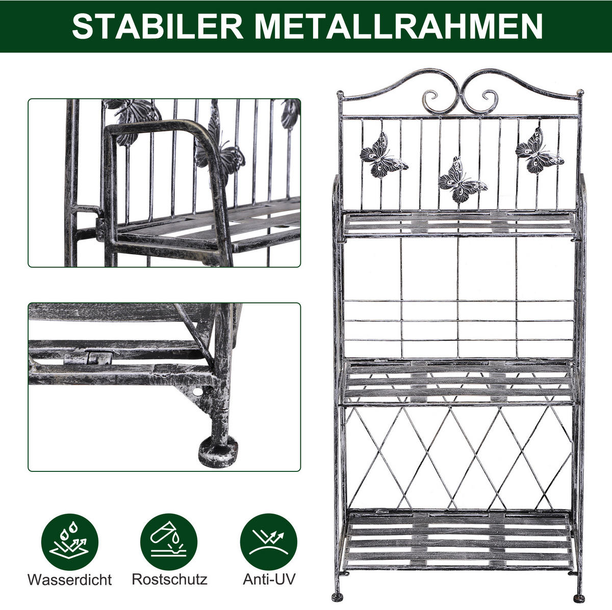 PFLANZENREGAL 44/25/96 cm klappbar mit 3 Ebenen und Antik-Effekt, Grau - Grau, Metall (25/96/44cm) - Redom