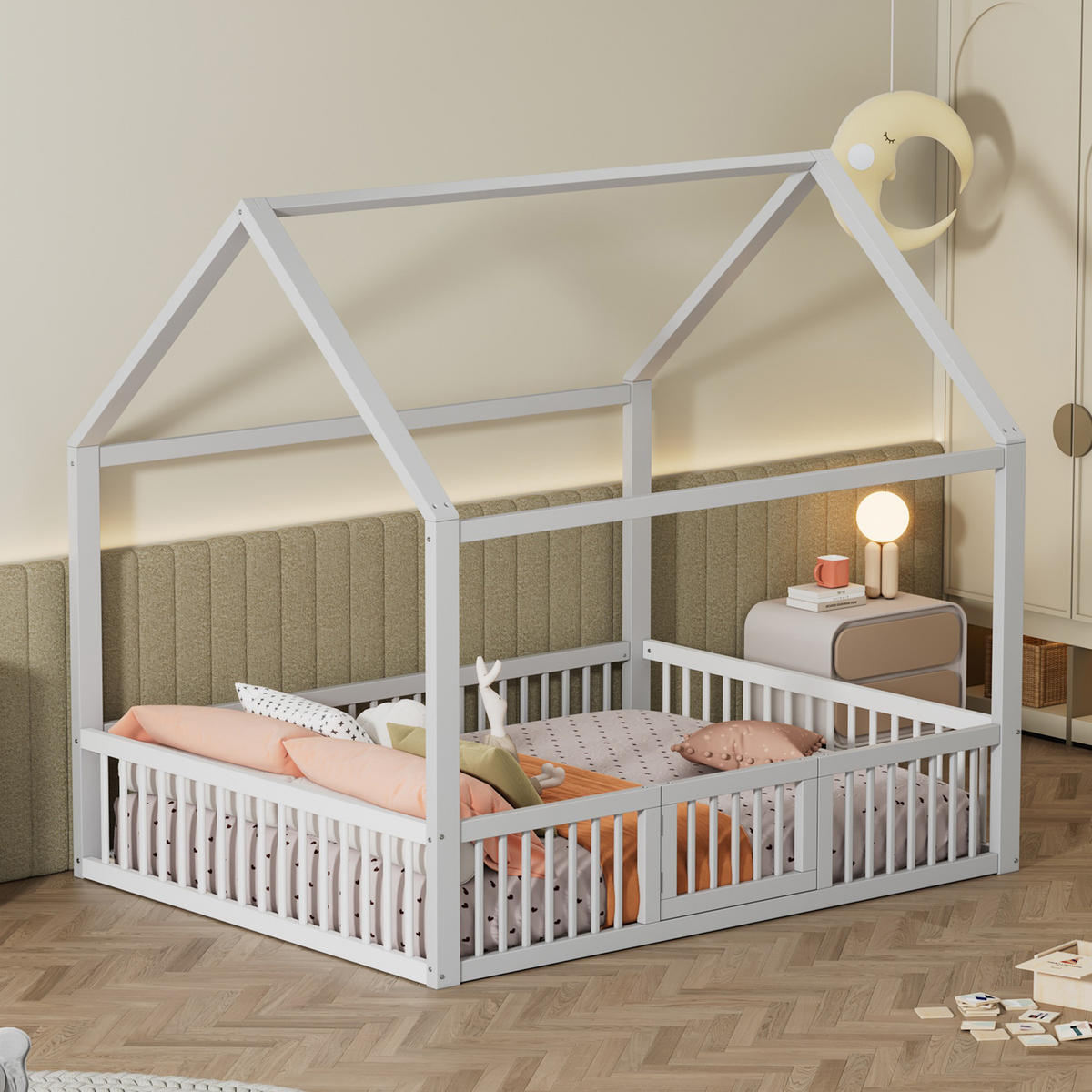 HAUSBETT 140/200 cm in Weiß – aus Kiefernholz mit Rundumgitter und Tür - Weiß, Holz (140/200cm) - BEAOK
