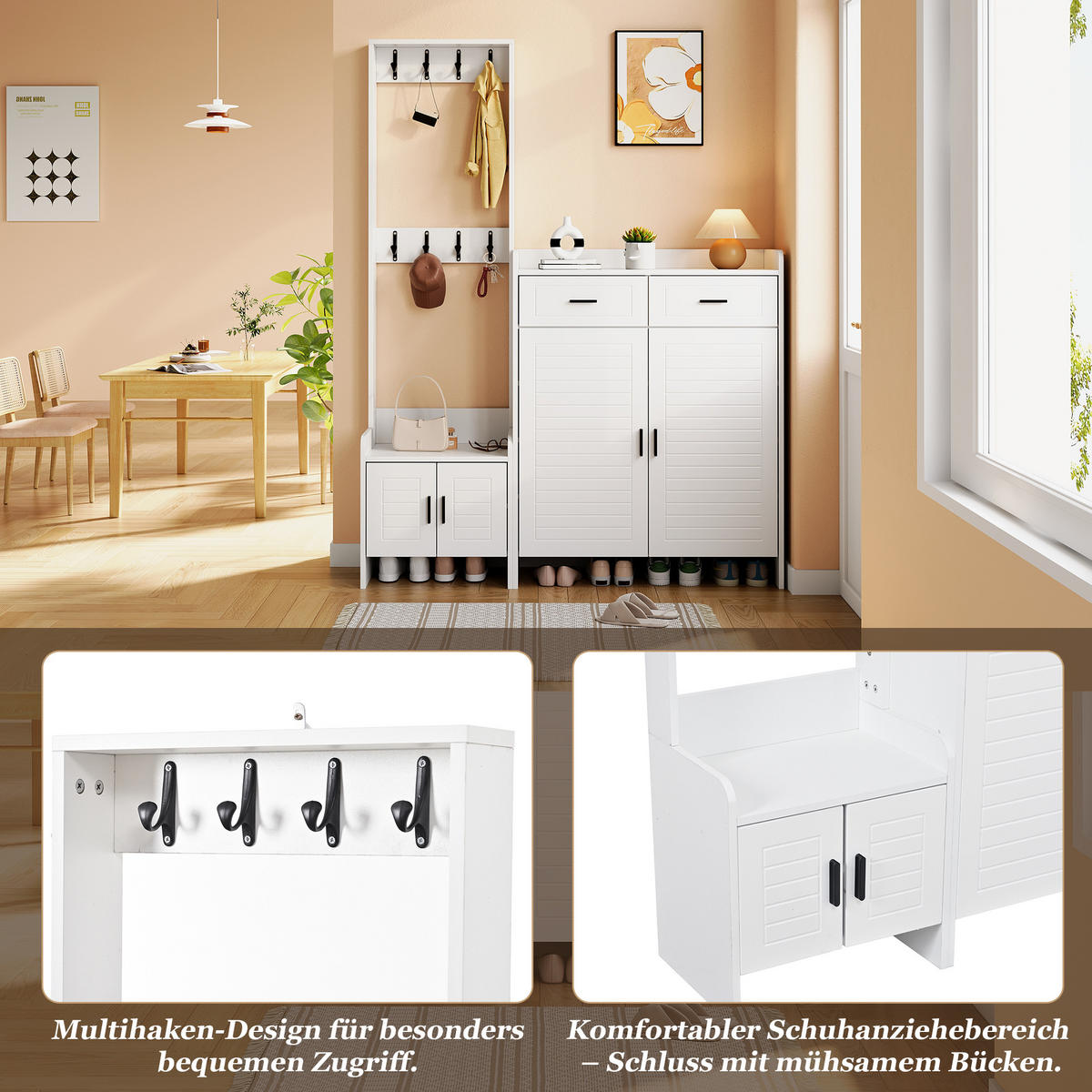 GARDEROBE-SET Schuhschrank 8 Haken 6 Ablagen Weiß - Weiß, Holzwerkstoff (125/165/32cm) - FLIEKS