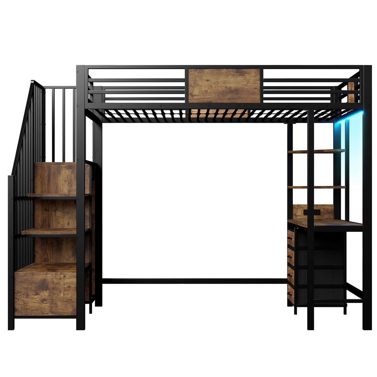 HOCHBETT 90/200 cm in Schwarz aus Metall mit Schreibtisch, Stauraum und LED-Beleuchtung - Schwarz, Metall (90/200cm) - Flora Grace