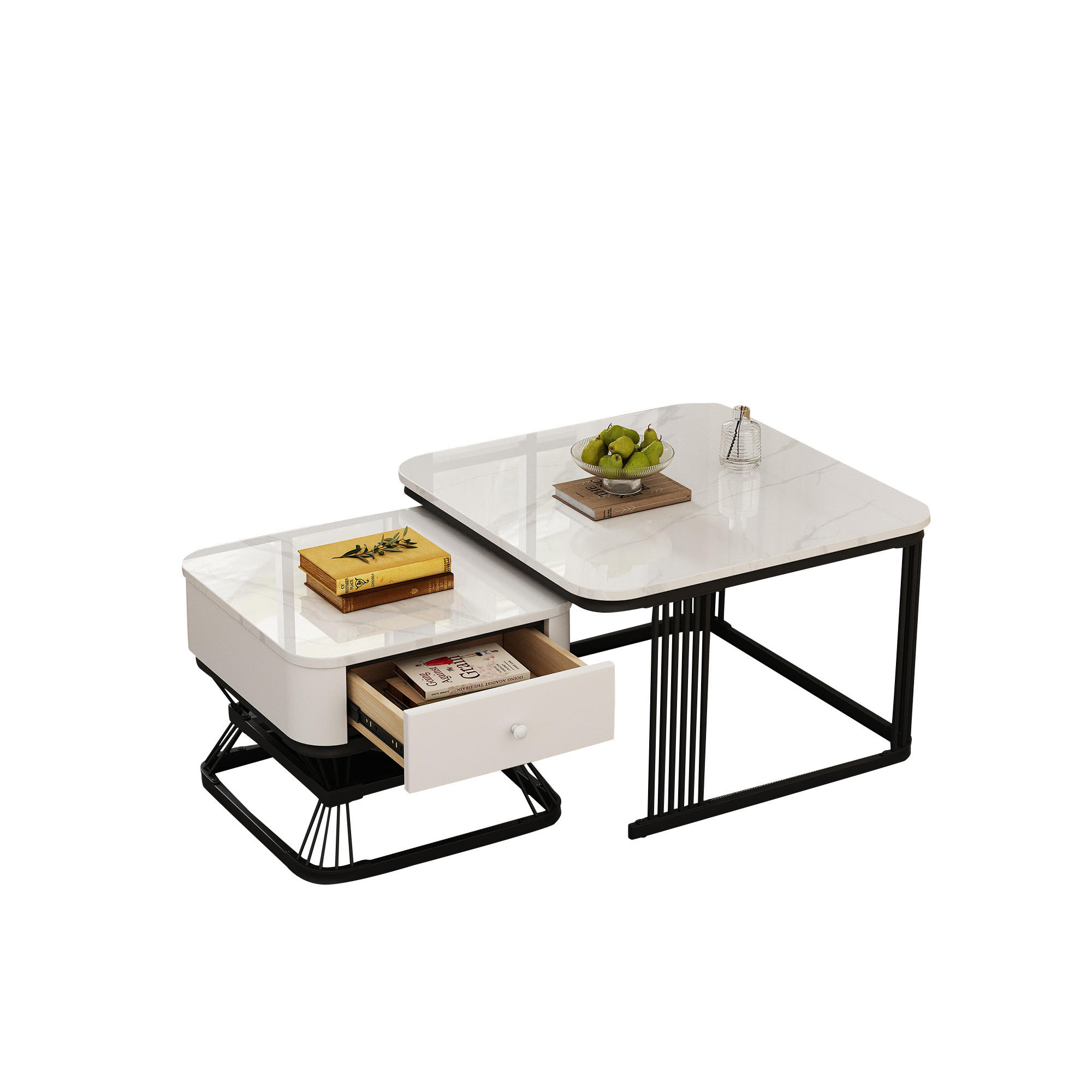 COUCHTISCH-SET DE-37109 2-tlg. mit Marmoroptik und Schublade Weiß - Weiß, Metall (70/70/45cm) - ComfortXL