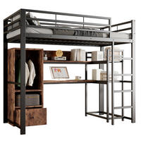 HOCHBETT 140/200 cm mit LED-Beleuchtung, Schreibtisch, Schublade und Regalen aus Metall und MDF, Schwarz - Schwarz, Holzwerkstoff (140/200cm) - Redom