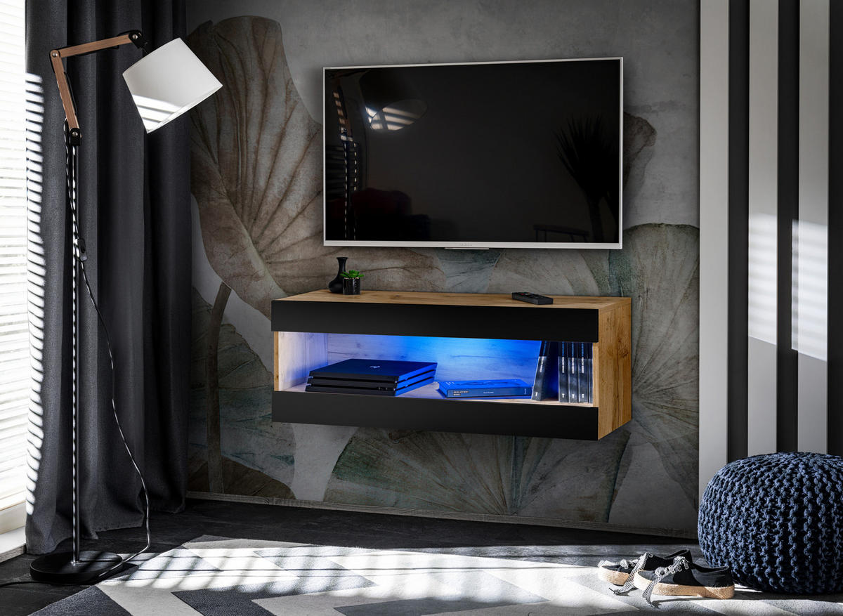 HÄNGEBOARD TV TIVOLI RTV2+BLU Offener Raum Wotan + Schwarz - Schwarz/Weiß, Glas/Holzwerkstoff (100/36/35cm) - Komodee