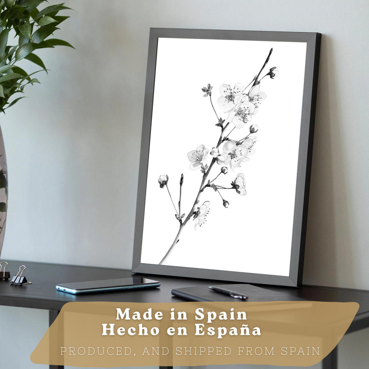 PLAKAT Sada 3 obrázků květin. Dekorativní nástěnné tisky Květiny tužkou. botanický plakát na zeď. Noridco květinové malby.Černý rám velikosti A3 - černá, papír (29.7/42/3cm)