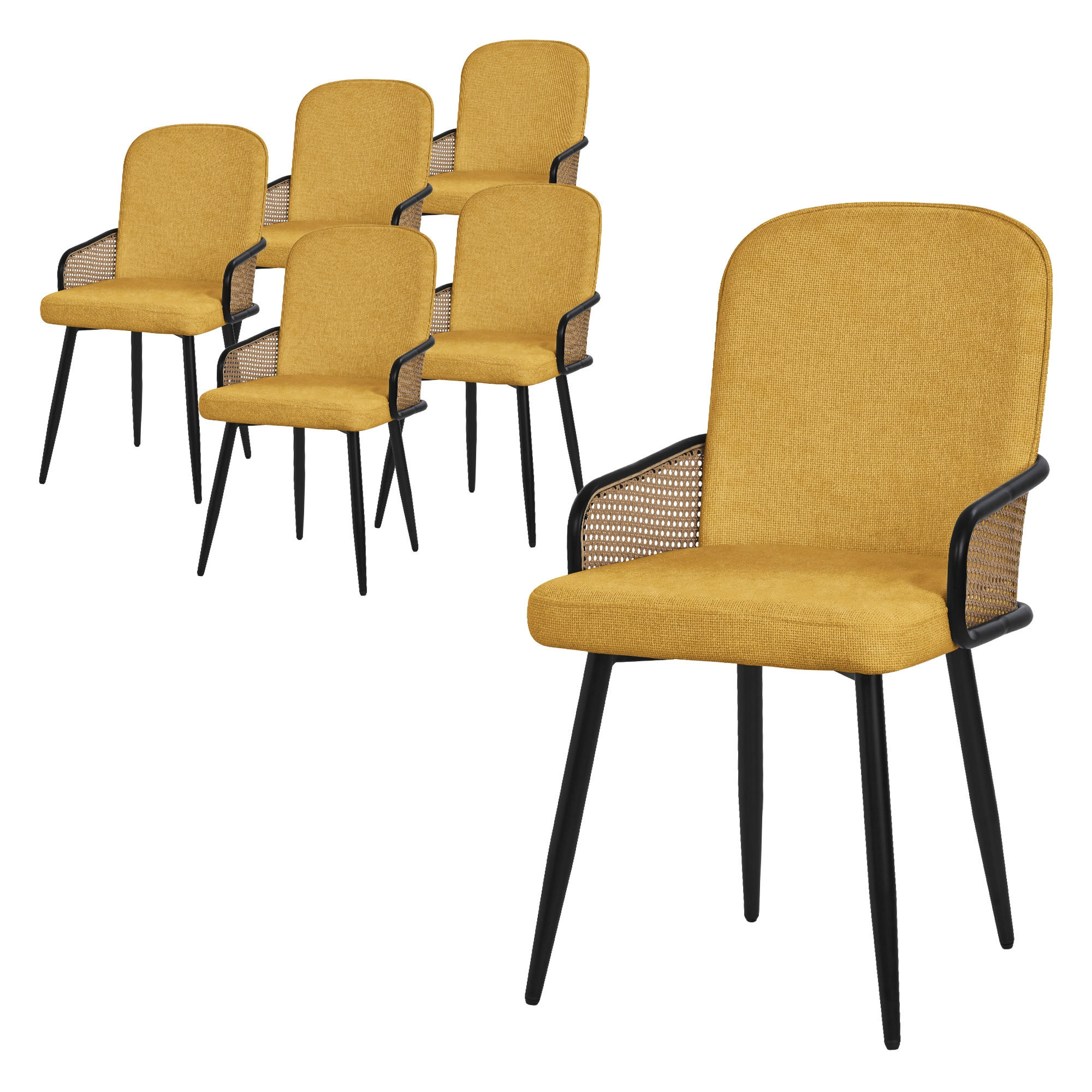 ML-DESIGN JÍDELNÍ ŽIDLE, sada 6 ks, hořčičná, s látkovým potahem, ratanový vzhled