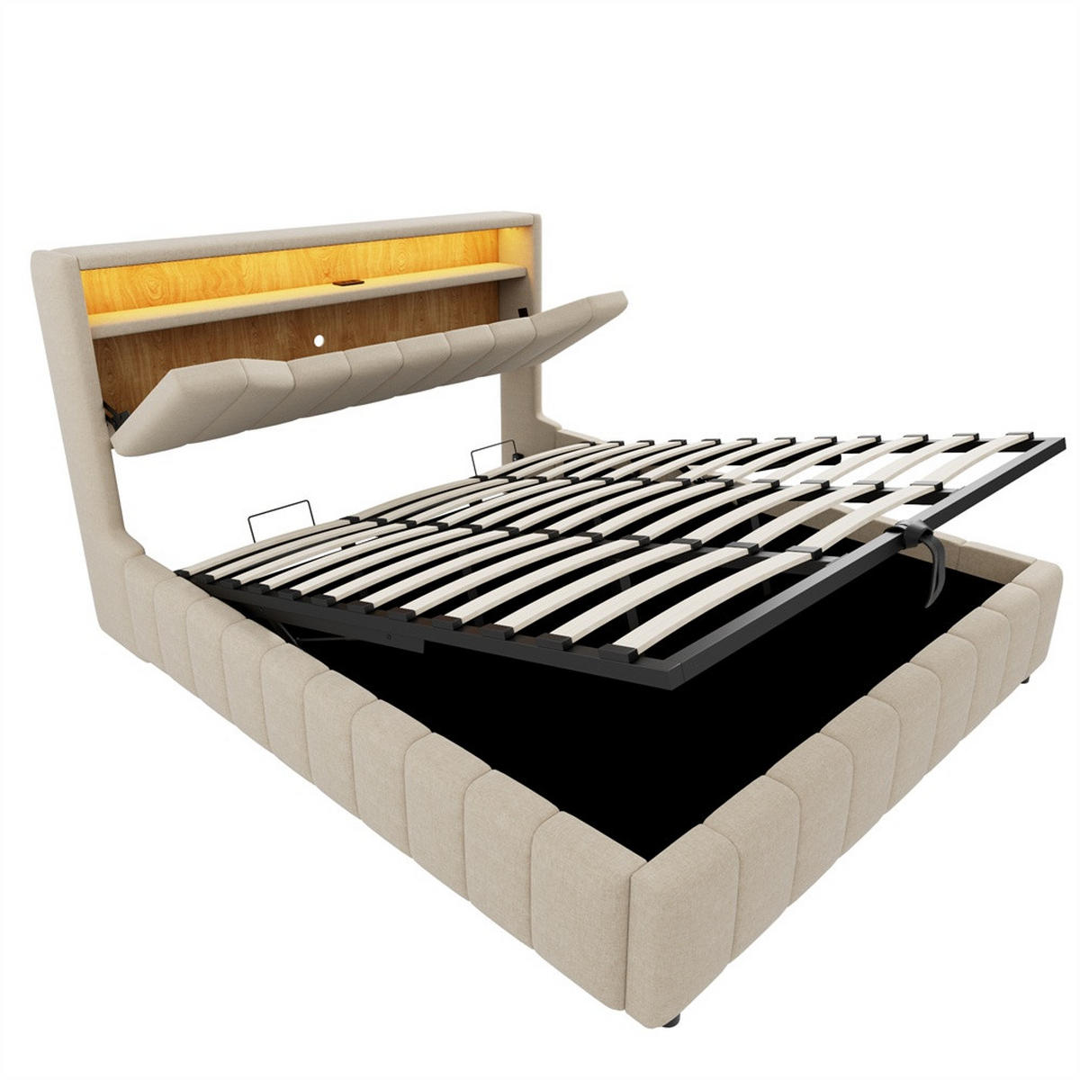 POLSTERBETT 180x200 cm mit hydraulischem Stauraum - klappbarem Kopfteil, LED & USB - Beige - ohne Matratze - Beige, Textil (180/200cm) - DELFA
