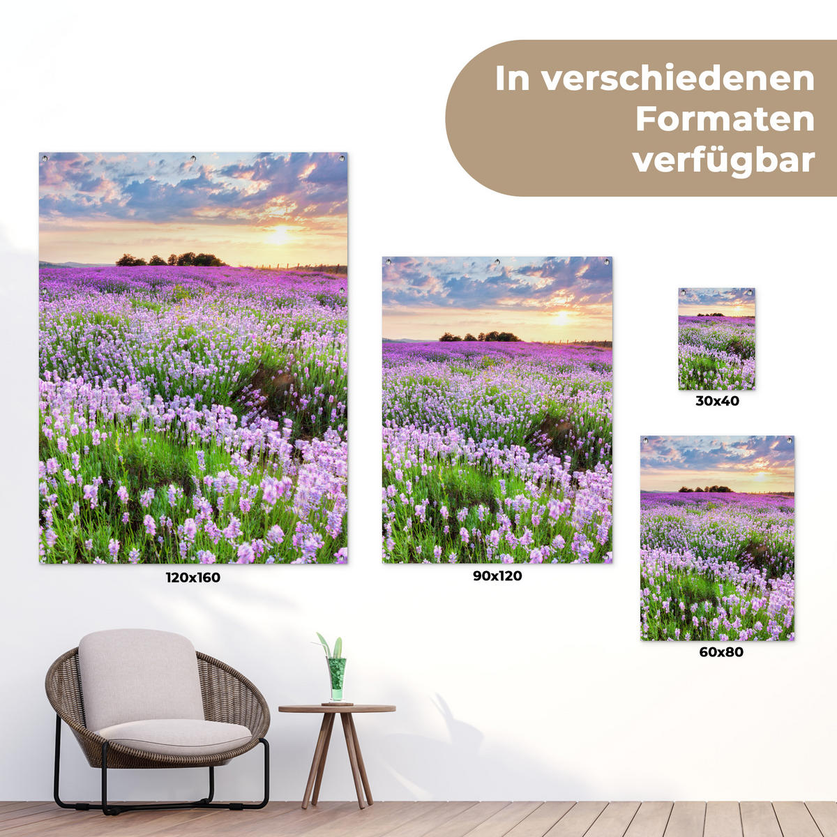 ZAHRADNÍ PLAKÁT Květiny - Levandule - Fialová - Obloha - Západ slunce - Louka - Příroda 120x160 cm - šeříková, plast (120/160/0.2cm) - OnlyWow