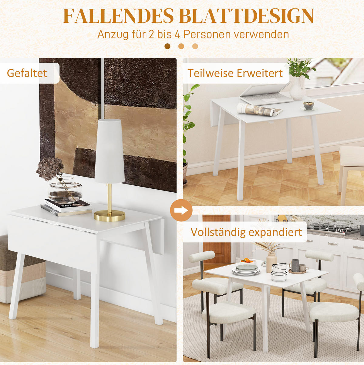 ESSTISCH 86/110/75 cm weiß klappbar für 2–4 Personen aus Kiefernholz - Weiß, Holz (110/86/75cm) - OKWISH