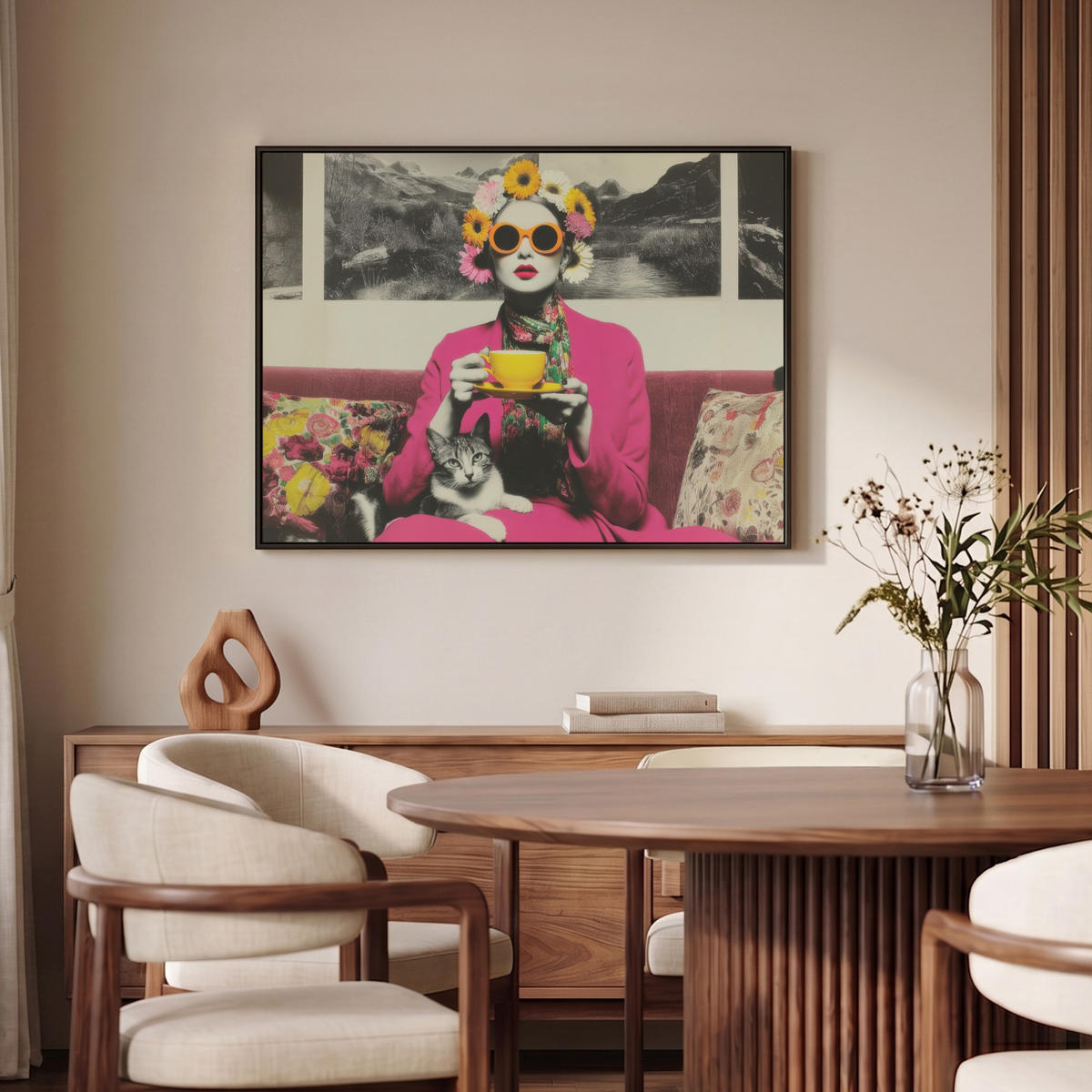 LEINWAND Bilder mit Rahmen - Frau - Katze - Blumen - Tasse - Retro - 100x70 - Magenta, Textil (100/70cm) - MuchoWow