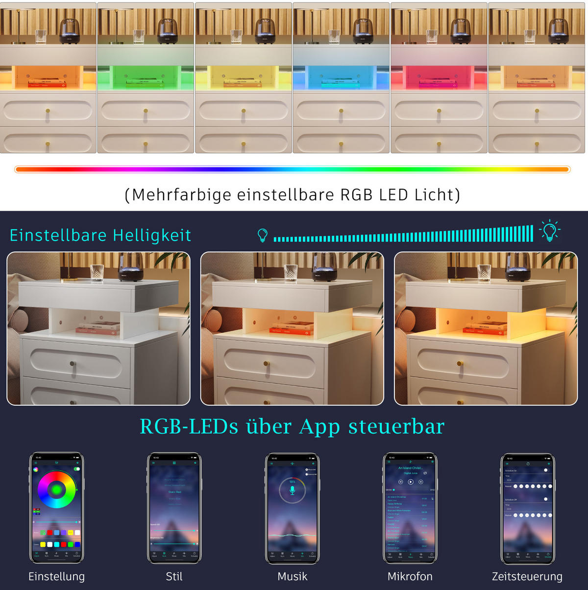 NACHTTISCH aus Spanplatte 50x40x60 cm Weiß mit LED-Beleuchtung, Schublade und Kippsicherung - Weiß, Holzwerkstoff (50/60/40cm) - Modfu