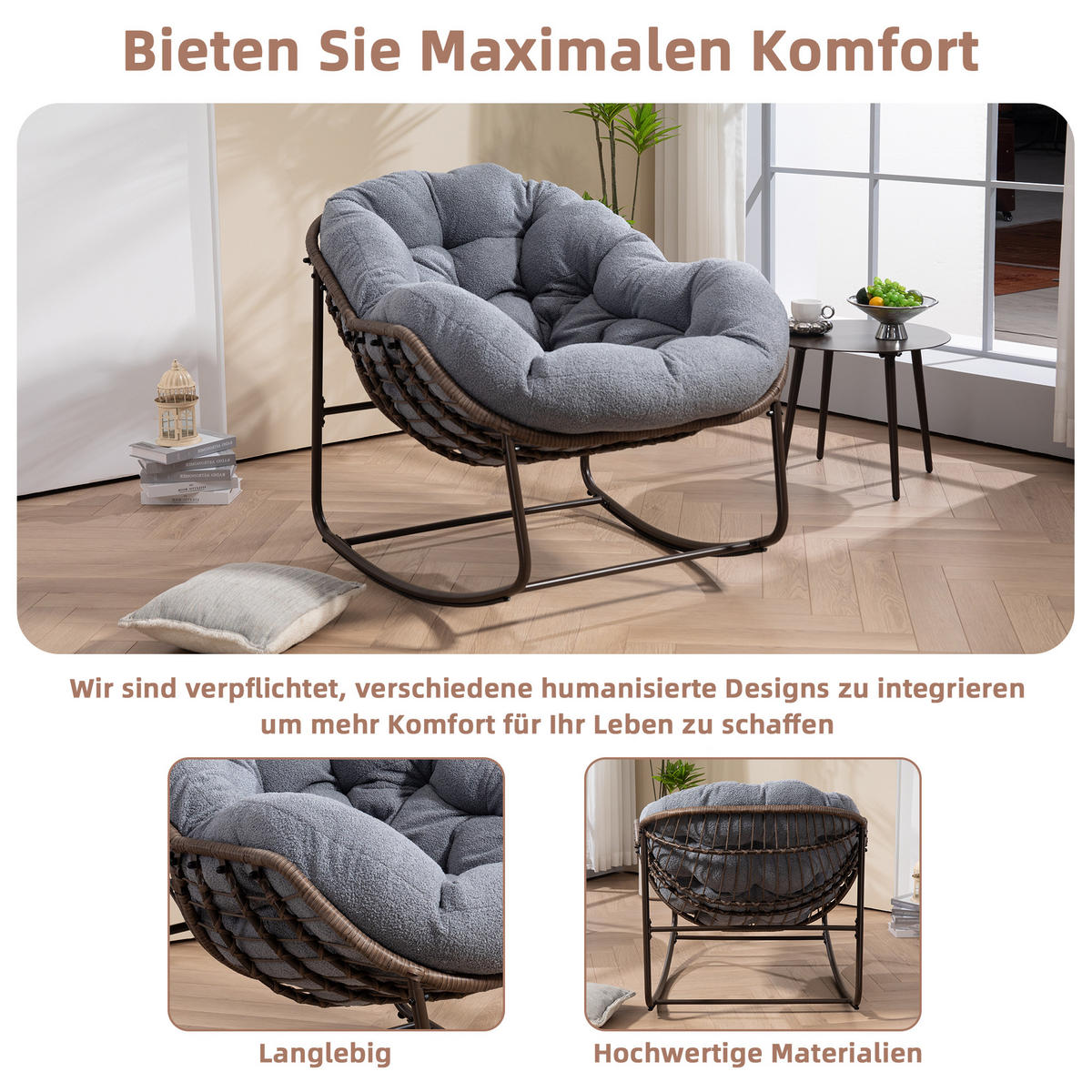 SCHAUKELSTUHL Schaukelsessel Garten,Rattanstuhl mit Stahlrahmen,Grau-Fleece - Grau, Metall (94.5/80/111cm) - LVHOM