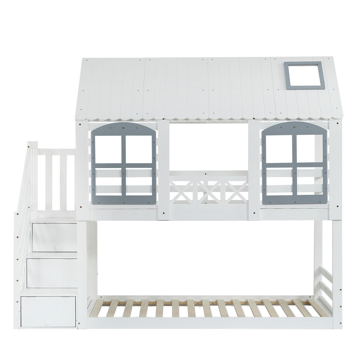 HAUSBETT 90/200 cm mit Stauraumtreppe und Dachfenstern in Weiß/Grau - Weiß, Holzwerkstoff (90/200cm) - BEAOK