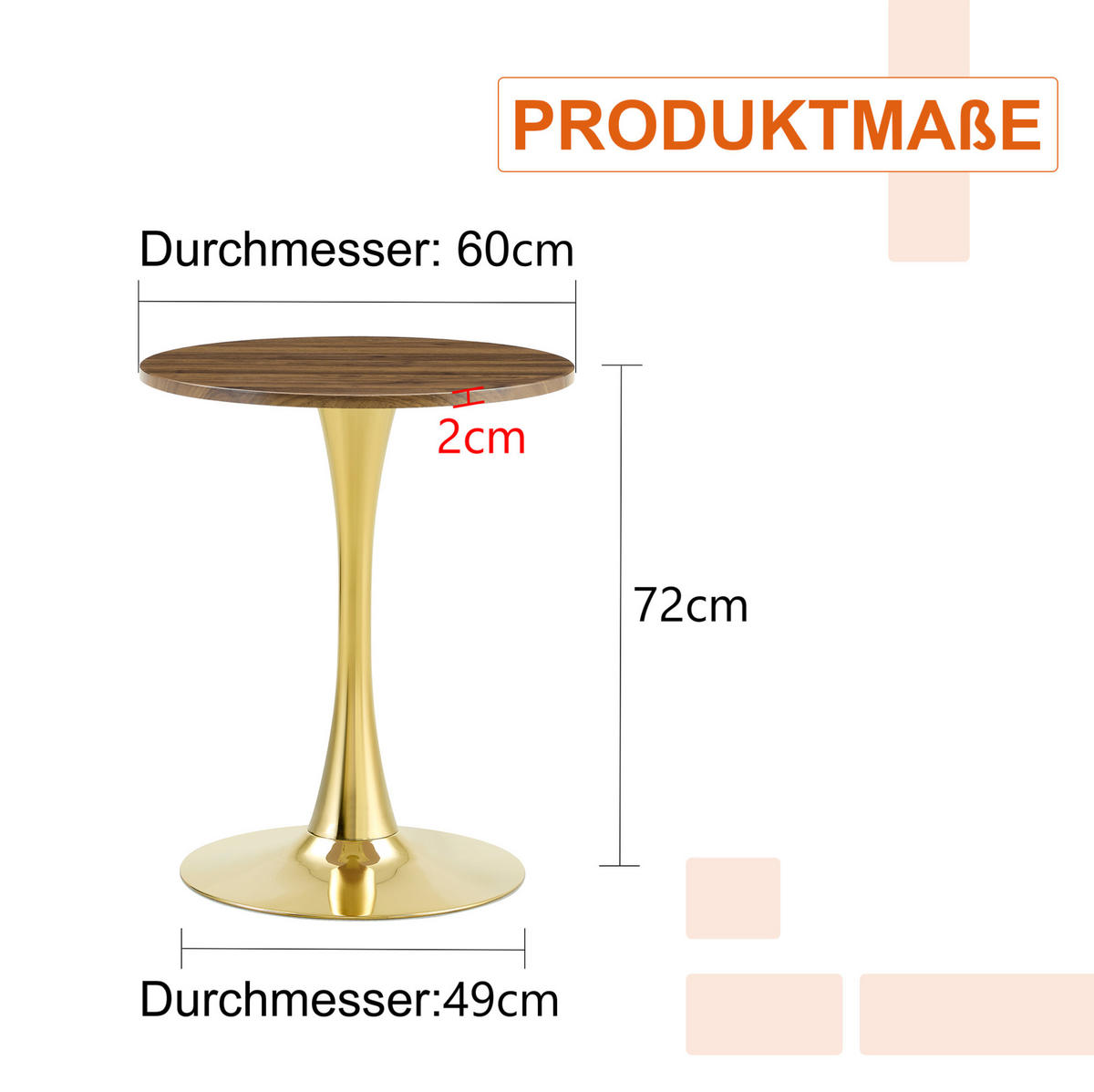 BEISTELLTISCH aus MDF und Metall 60x60x72 cm Walnuss/Gold rund mit Thermoform-Oberfläche und stabilem Säulenfuß - Goldfarben, Holzwerkstoff (60/60/72cm) - Modfu