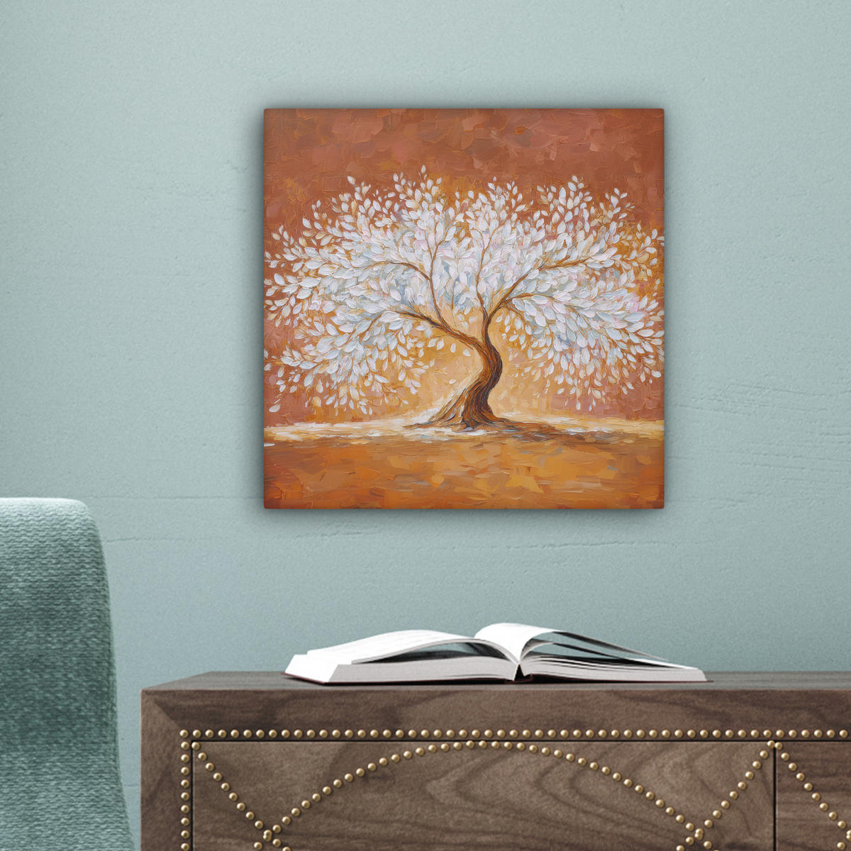 LEINWANDBILD Abstrakt - Baum - Weiß - Blätter Deko Wohnzimmer 20x20 cm - Braun, Textil (20/20cm) - MuchoWow