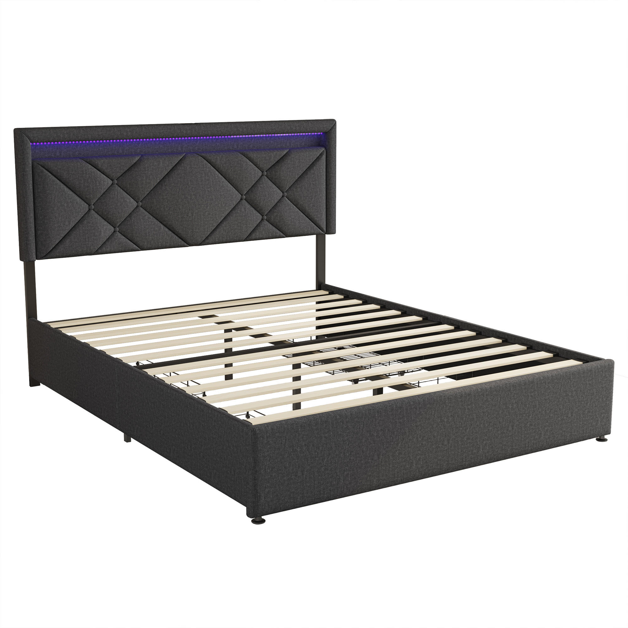 POLSTERBETT 160x200 cm LED USB Schubladen Stauraum Leinen grau - Grau, Holz (160/200cm) - LEBENLANG