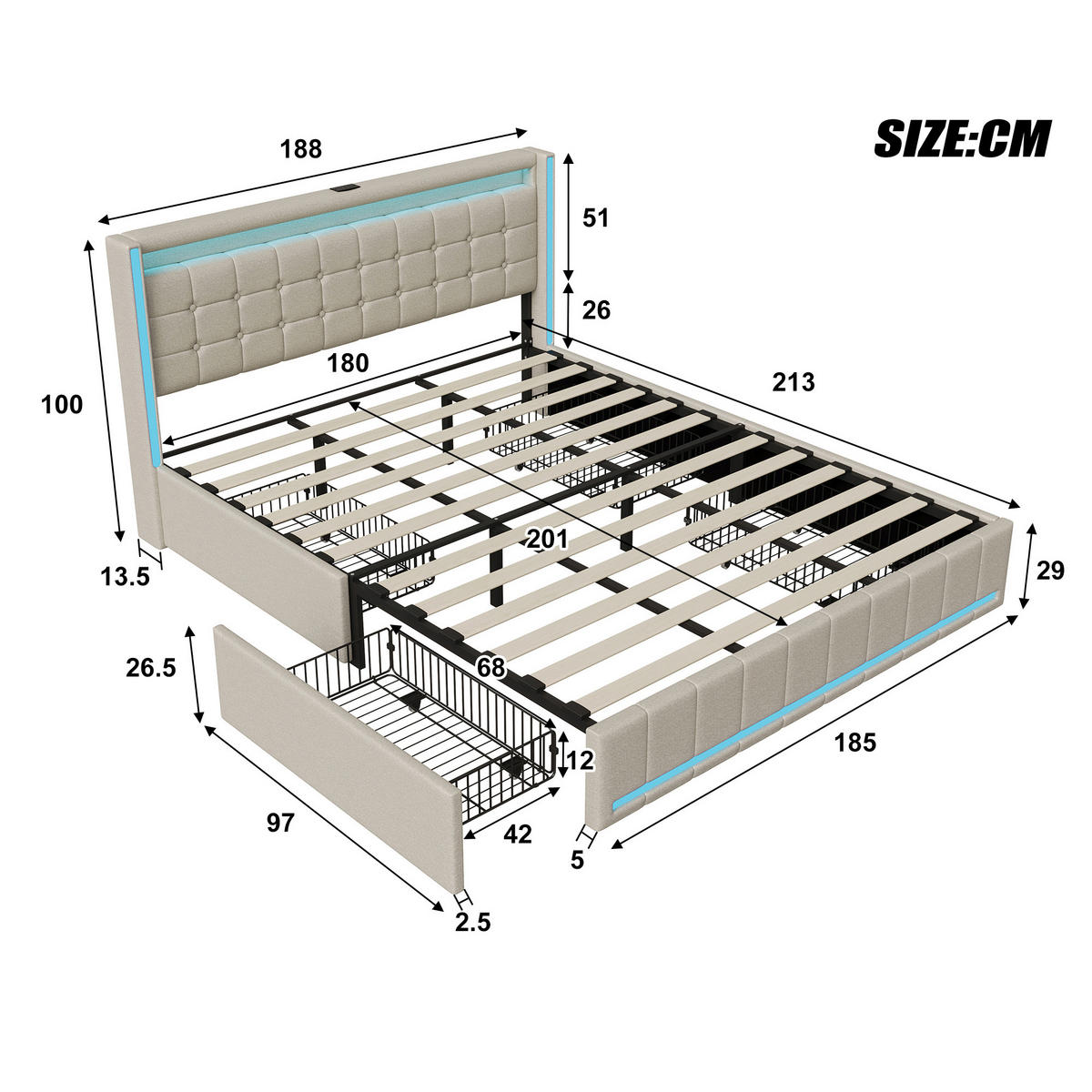 POLSTERBETT 180x200 cm mit 4 Schublade, Doppelbett 180x200 cm mit LED und USB, Lattenrost, Bett 180x200, Beige Leinenstoff - Beige, Holzwerkstoff/Textil (180/200cm) - GENKI LIVING