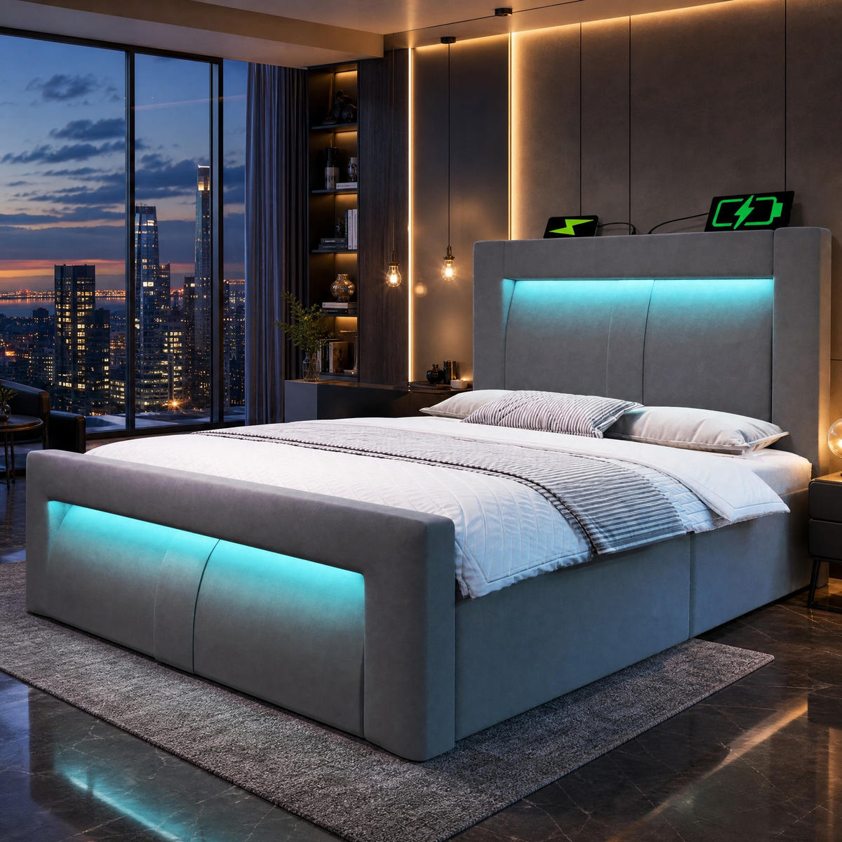 POLSTERBETT 90/200 mit LED, Bettkasten, USB und Type-C-Anschluss in Grau - Grau, Holzwerkstoff/Textil (90/200cm) - EVRYAE