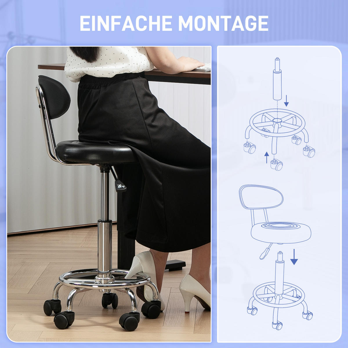 ROLLHOCKER höhenverstellbar Drehhocker, 32 x 40 x 70-86 cm, Schwarz - Schwarz, Kunststoff (40/86/32cm) - HOMCOM