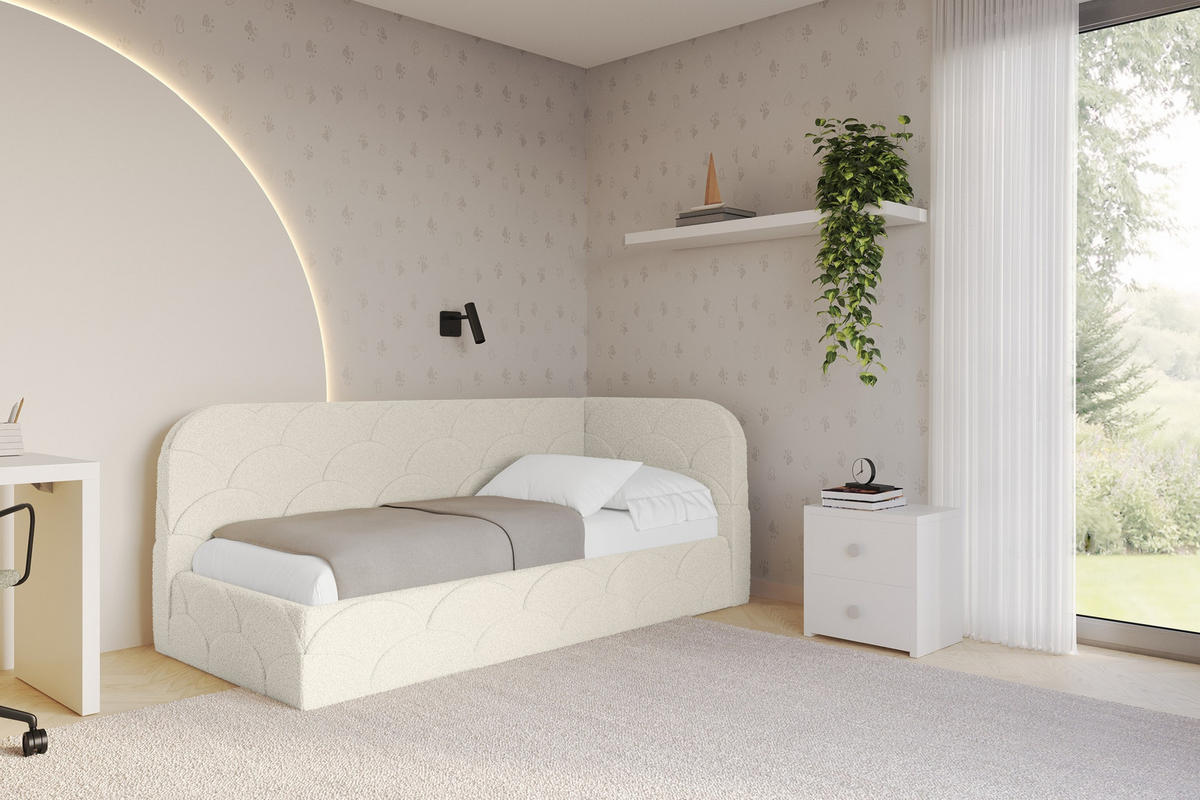 EINZELLBETT Jugendbett mit Bettkasten und Matratze H3/H4, Links - ELRY 90x200 Beige - Champagner, Holzwerkstoff/Textil (90/200cm) - ALTDECOR