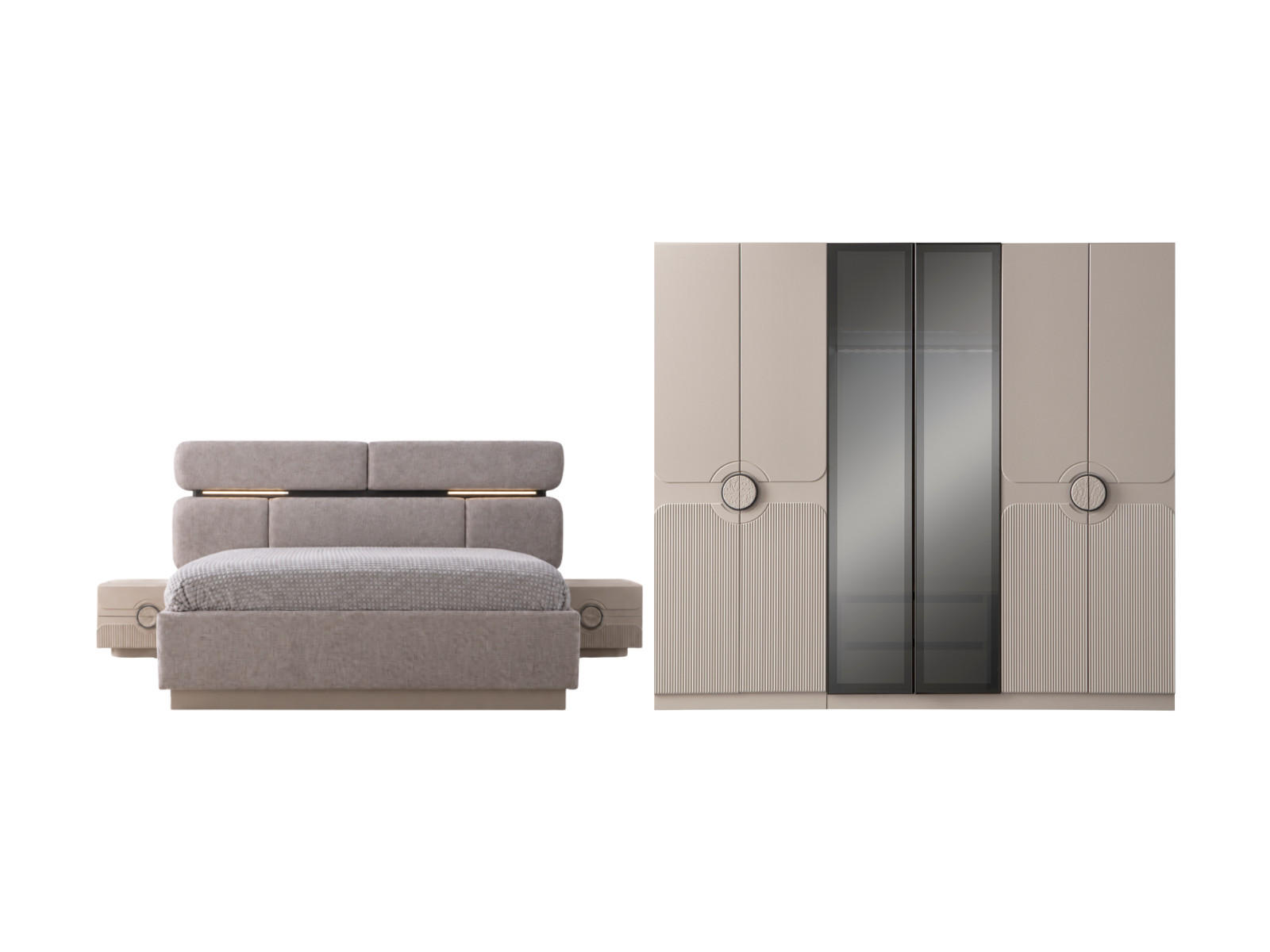 BETTANLAGE Sarmira Typ-3 Bett mit Kopfteil 2 Nachttischen und Kleiderschrank - Creme, Holzwerkstoff (160/200cm)