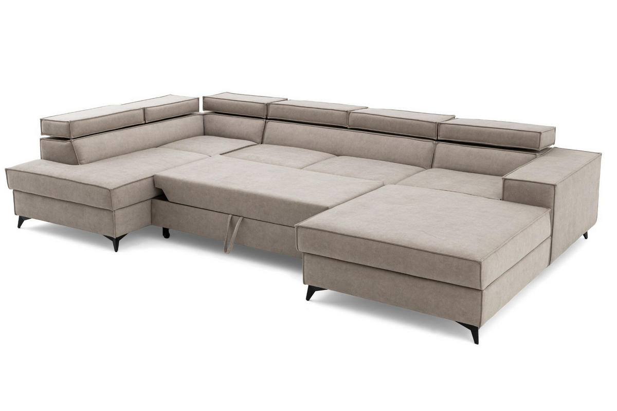 ECKSOFA PURE U Links mit Schlaffunktion 127x270 Velours Creme - Creme/Schwarz, Holz/Textil (340/204cm) - Muffo