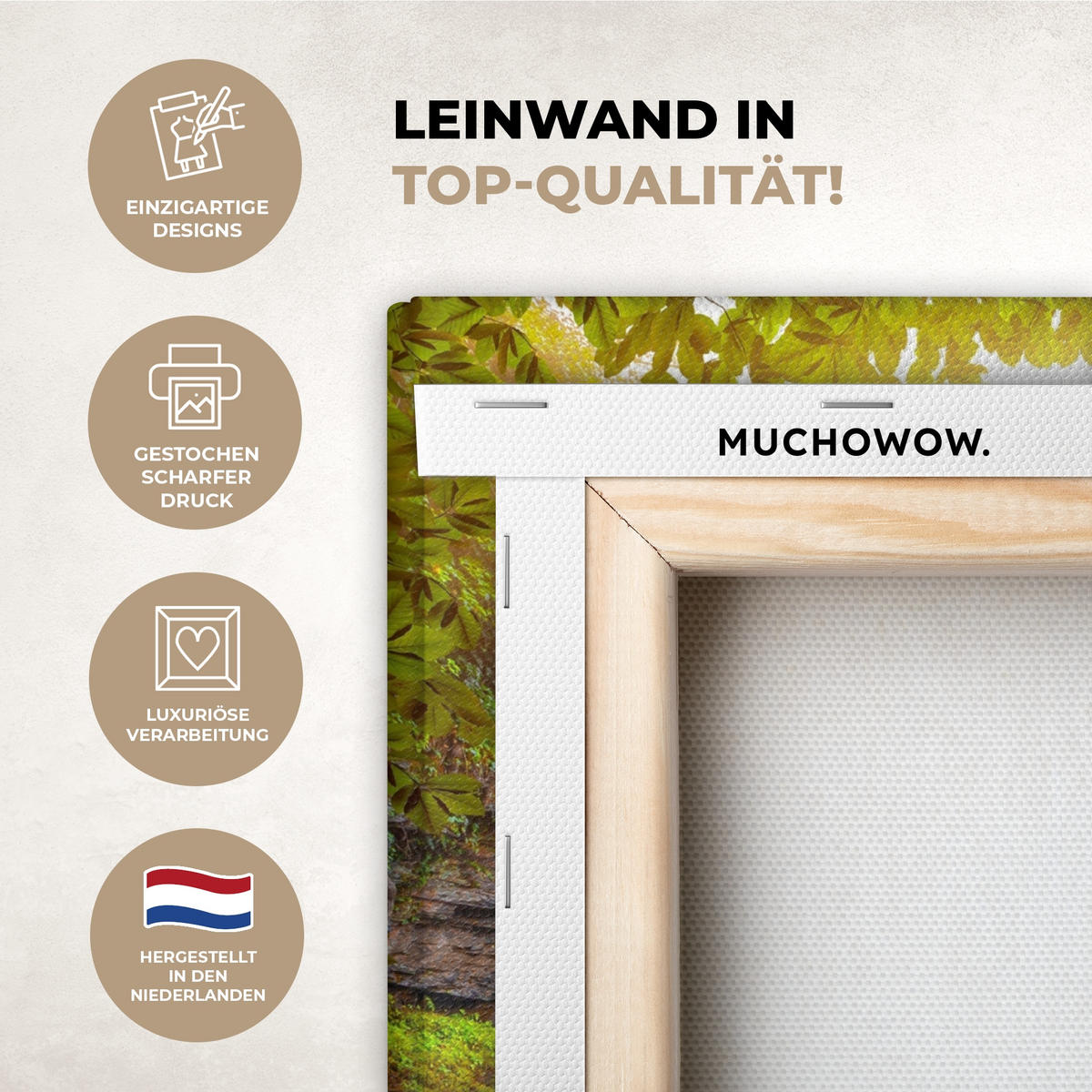 LEINWANDBILD Natur - Wasserfall - Pflanzen - Bäume - Sonne Deko Wohnzimmer 20x20 cm - Olivgrün, Textil (20/20cm) - MuchoWow