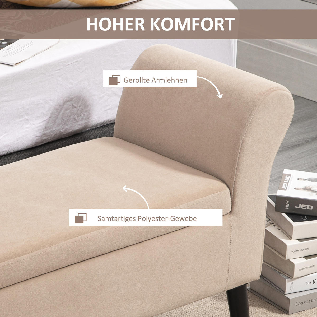 SITZBANK Polsterbank mit Stauraum Armlehnen Truhenbank modern Gummiholz Beige - Beige, Kunststoff (41/65/111.5cm) - HOMCOM