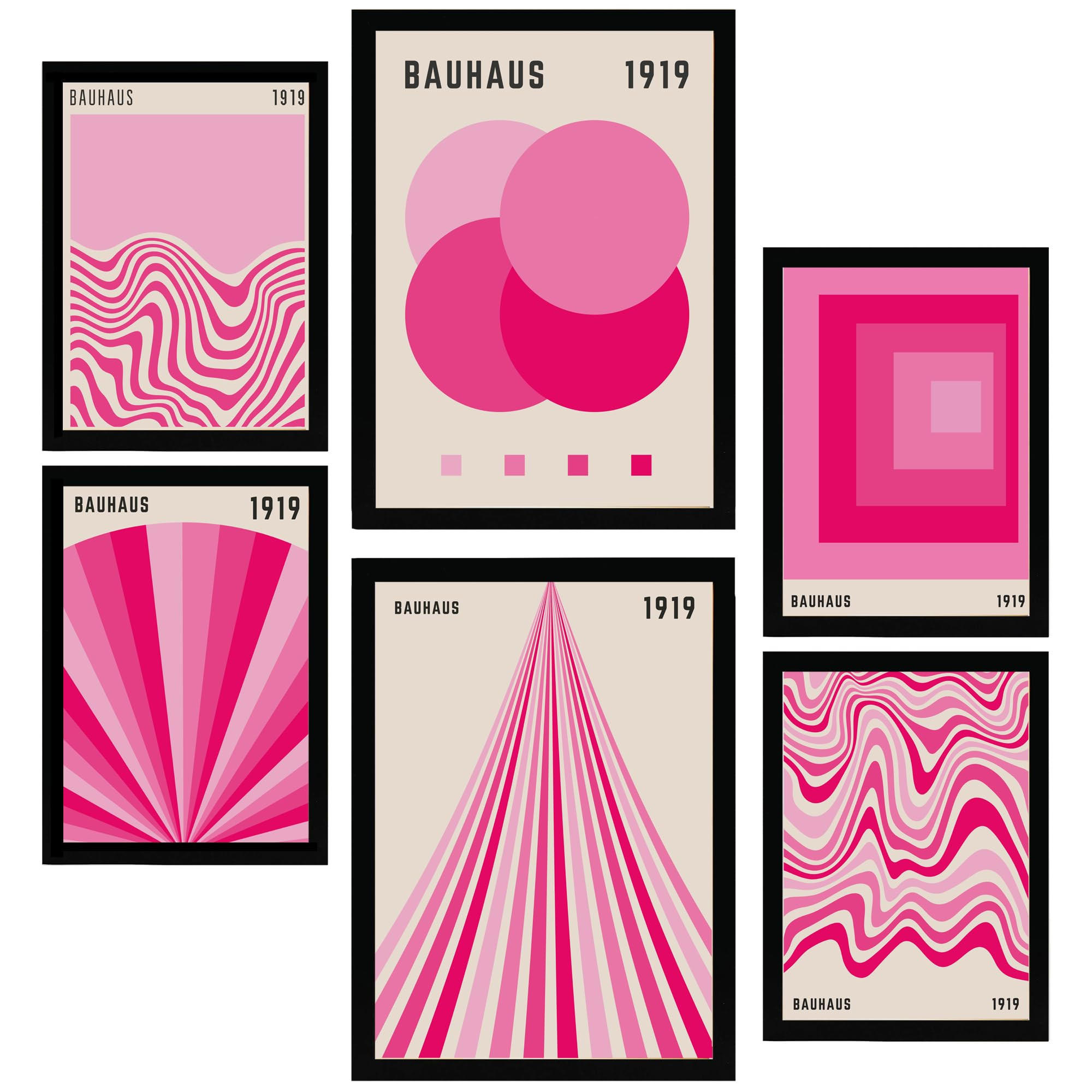 POSTER Set Mit 6 Geometrische Bauhaus Formen In Leuchtenden Farben In Pink & Fuchsia A3 & A4 Schwarzer Rahmen - Schwarz, Papier (29/3cm) - Nacnic
