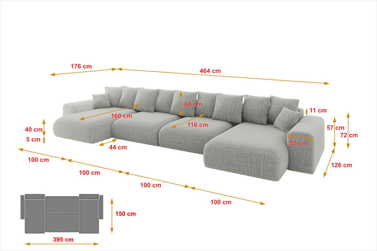 WOHNLANDSCHAFT mit Schlaffunktion ESKAR-U2-464x176x72cm Hellgrau - Graphitfarben, Holzwerkstoff/Kunststoff (176/72/464cm) - ALTDECOR