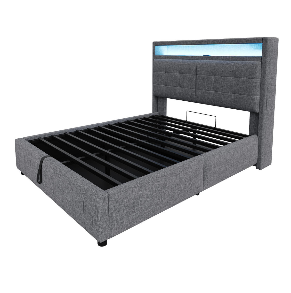 POLSTERBETT 140/200 cm aus Leinenstoff mit LED-Beleuchtung, USB-Anschluss, Stauraum und Kopfteil mit Ablagen, Grau - Grau, Textil (140/200cm) - Redom
