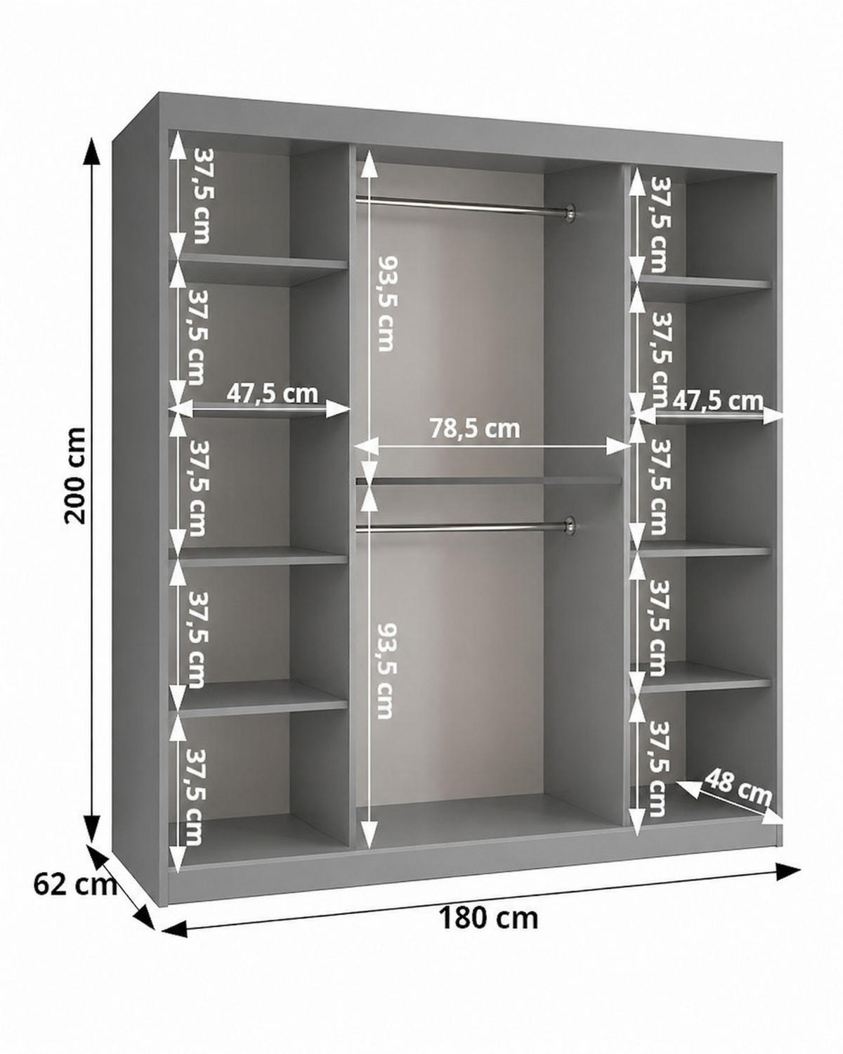 SCHIEBETÜRENSCHRANK 180 cm Breite, weiß mit schwarzem Griff - Schwarz/Weiß, Holzwerkstoff (180/200/62cm) - Home Collective